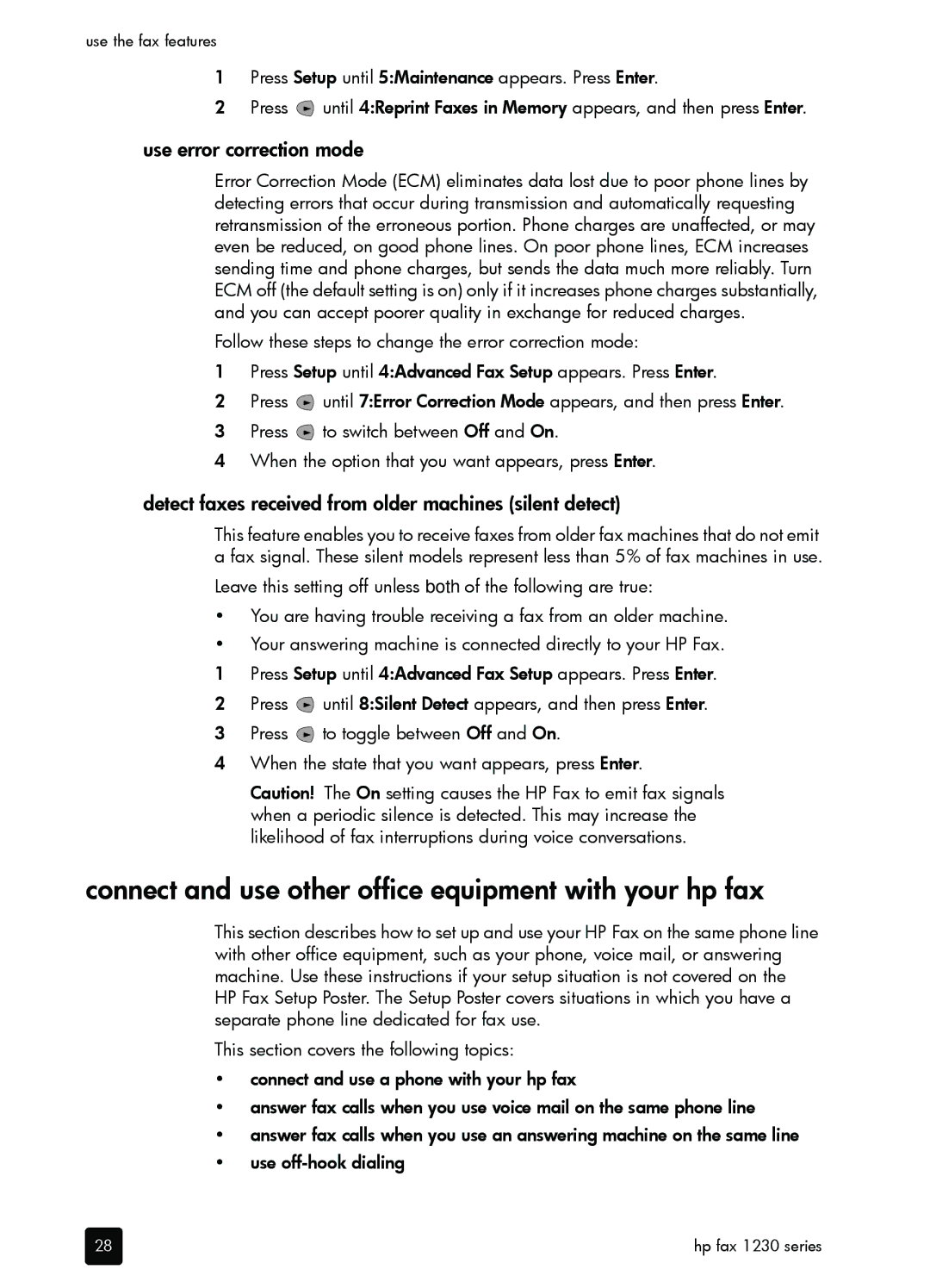 HP 1230 Fax manual Connect and use other office equipment with your hp fax, Use error correction mode 