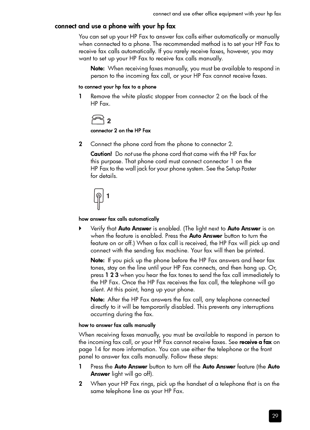 HP 1230 Fax manual Connect and use a phone with your hp fax, Connect the phone cord from the phone to connector 