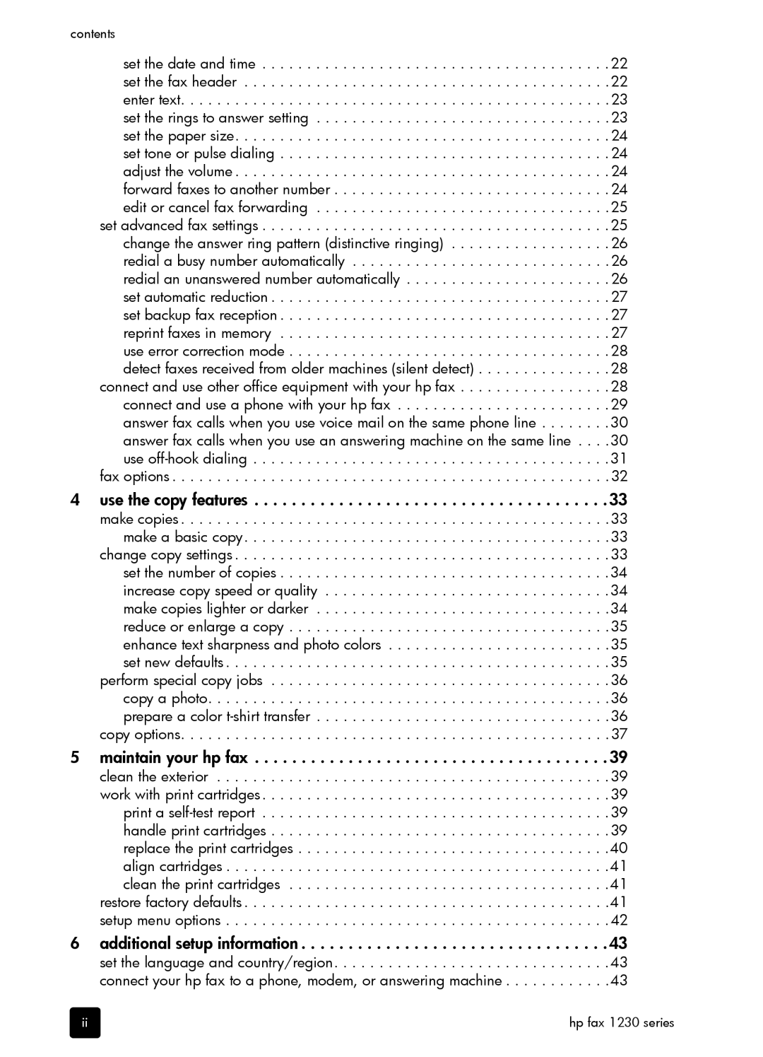 HP 1230 Fax manual Use the copy features, Maintain your hp fax, Additional setup information, Fax options 