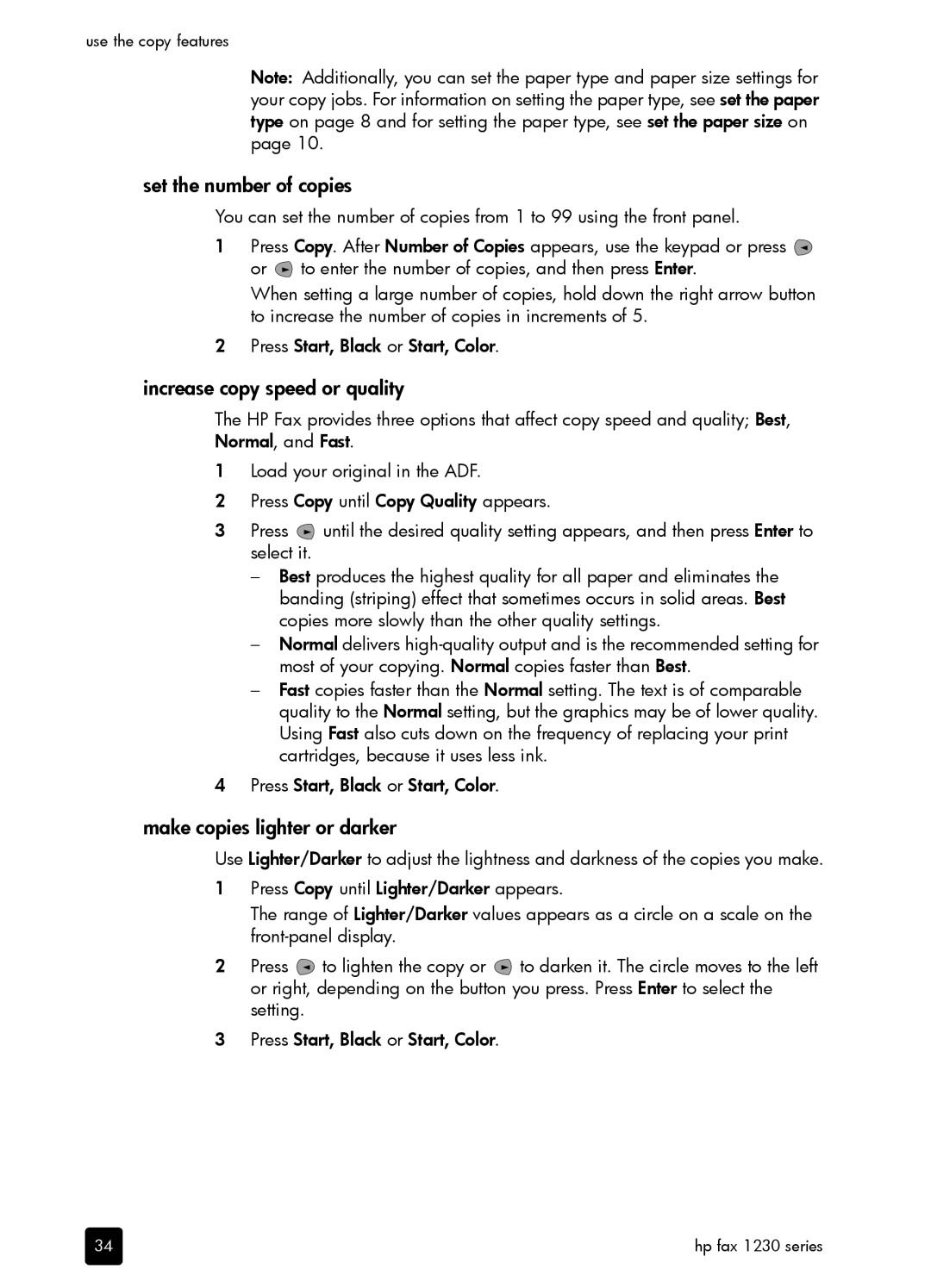 HP 1230 Fax manual Set the number of copies, Increase copy speed or quality, Make copies lighter or darker 