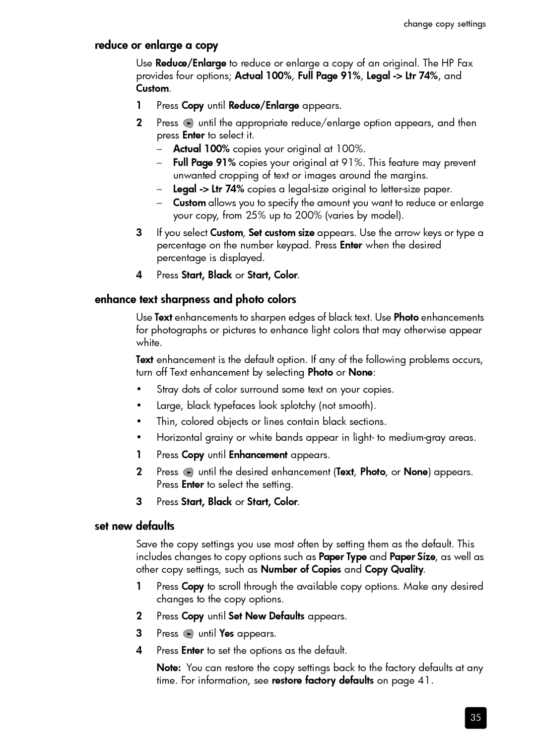 HP 1230 Fax manual Reduce or enlarge a copy, Enhance text sharpness and photo colors, Set new defaults 