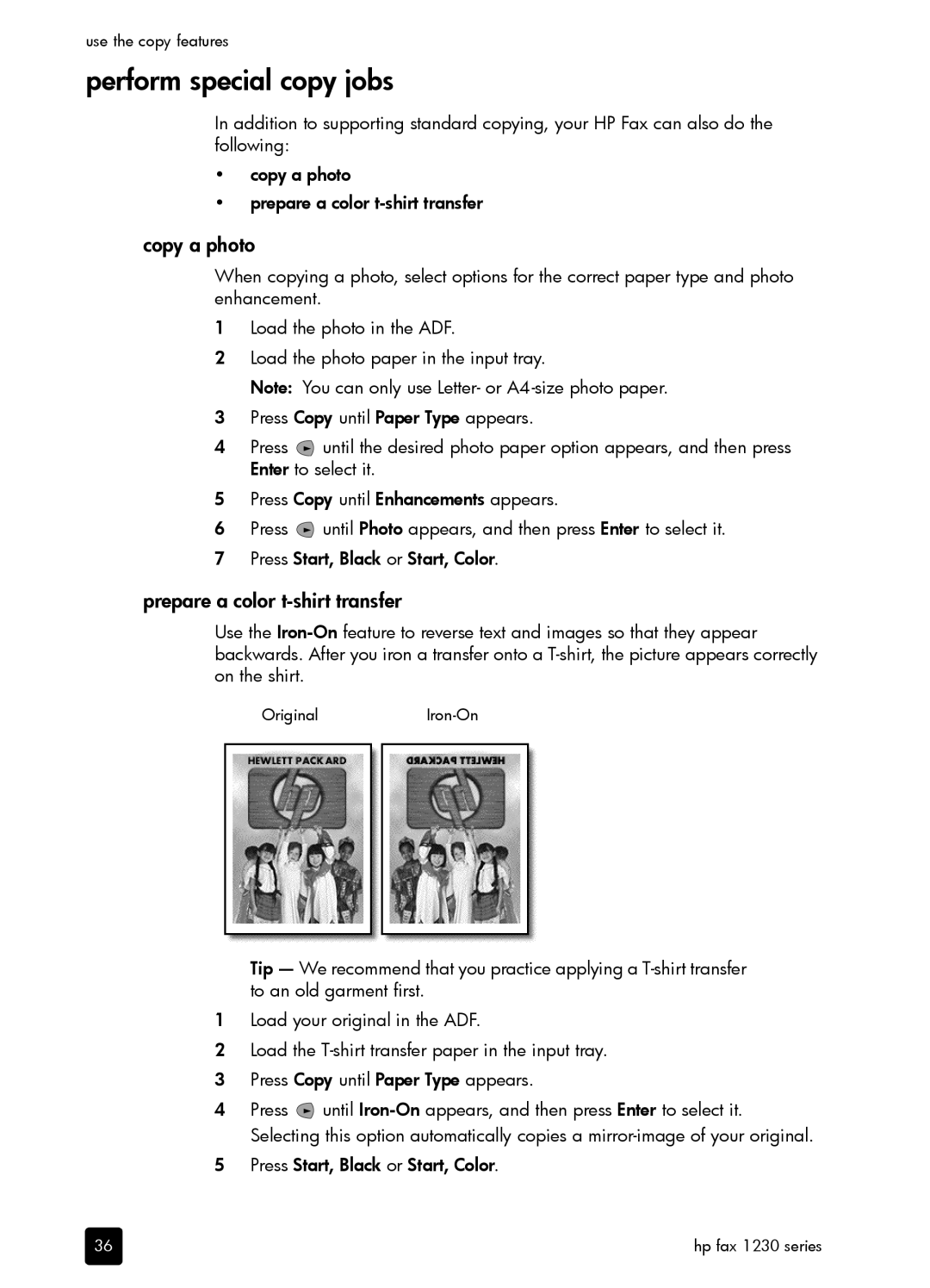 HP 1230 Fax manual Perform special copy jobs, Copy a photo, Prepare a color t-shirt transfer 