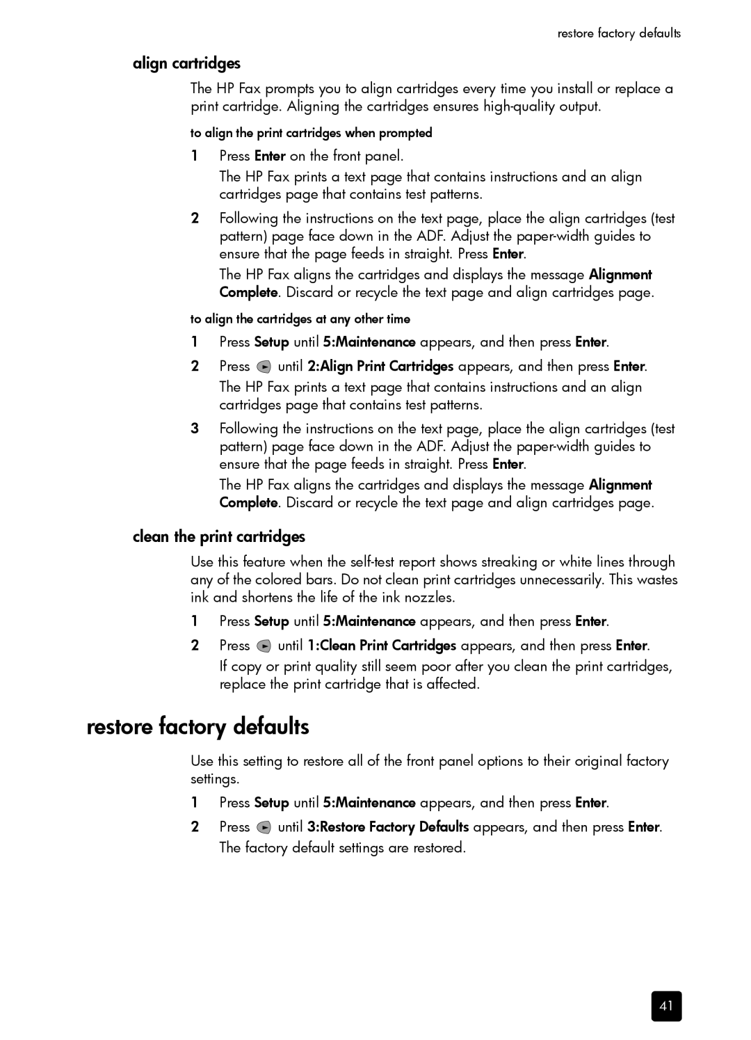 HP 1230 Fax manual Restore factory defaults, Align cartridges, Clean the print cartridges 