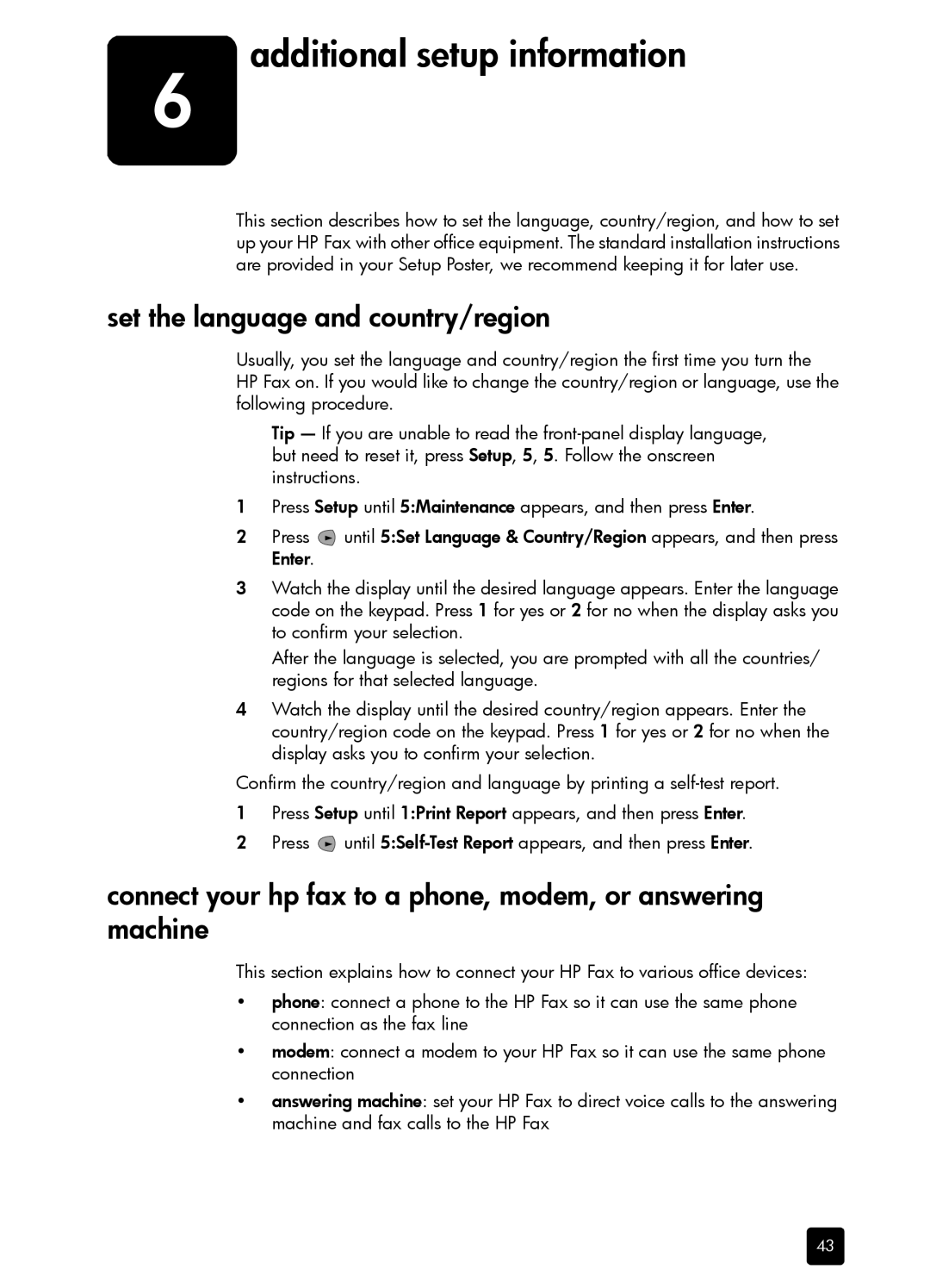 HP 1230 Fax manual Set the language and country/region, Connect your hp fax to a phone, modem, or answering machine 