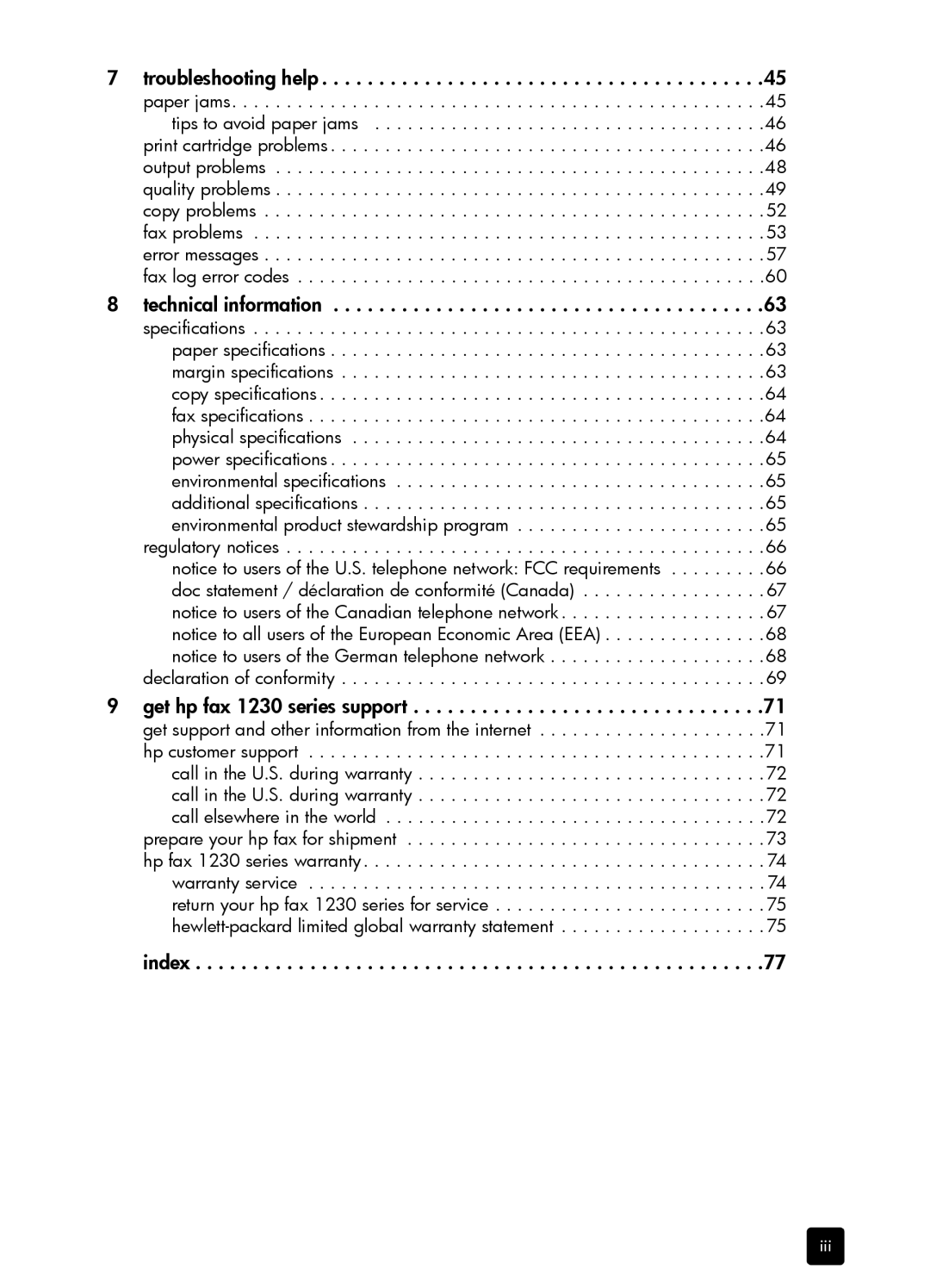 HP 1230 Fax manual Troubleshooting help, Technical information, Get hp fax 1230 series support, Index 