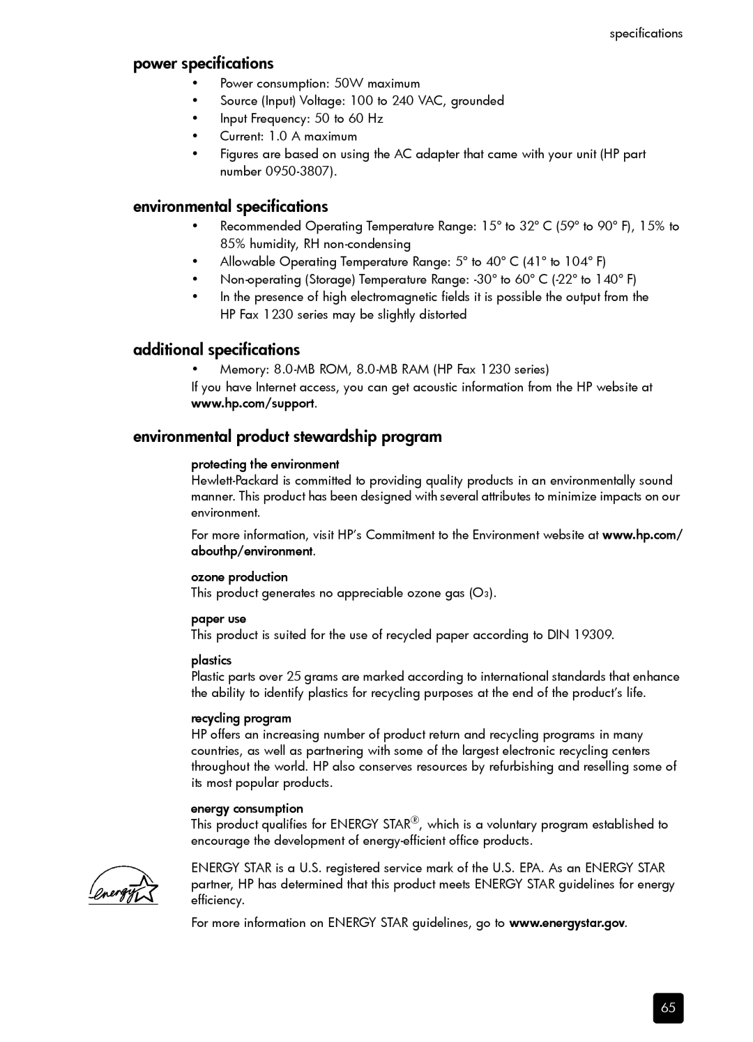 HP 1230 Fax manual Power specifications, Environmental specifications, Additional specifications 