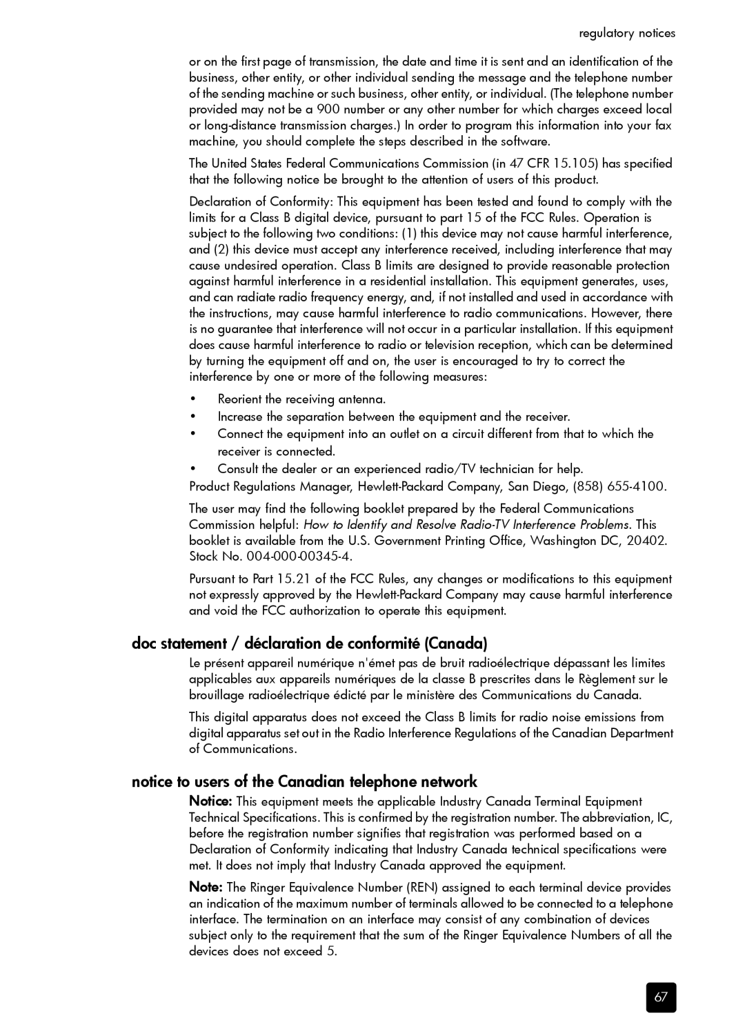 HP 1230 Fax manual Doc statement / déclaration de conformité Canada, Regulatory notices 