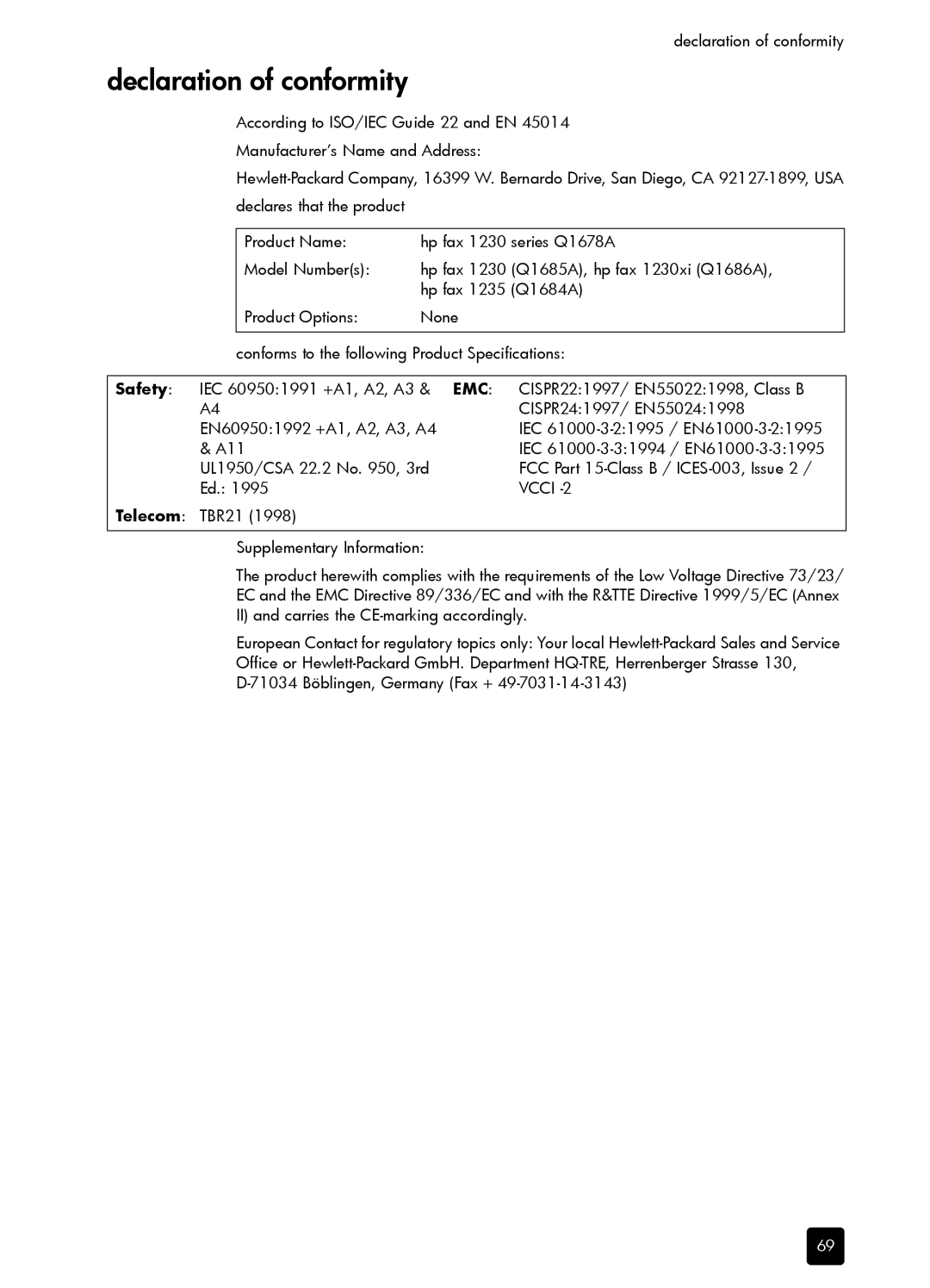 HP 1230 Fax manual Declaration of conformity, Safety 