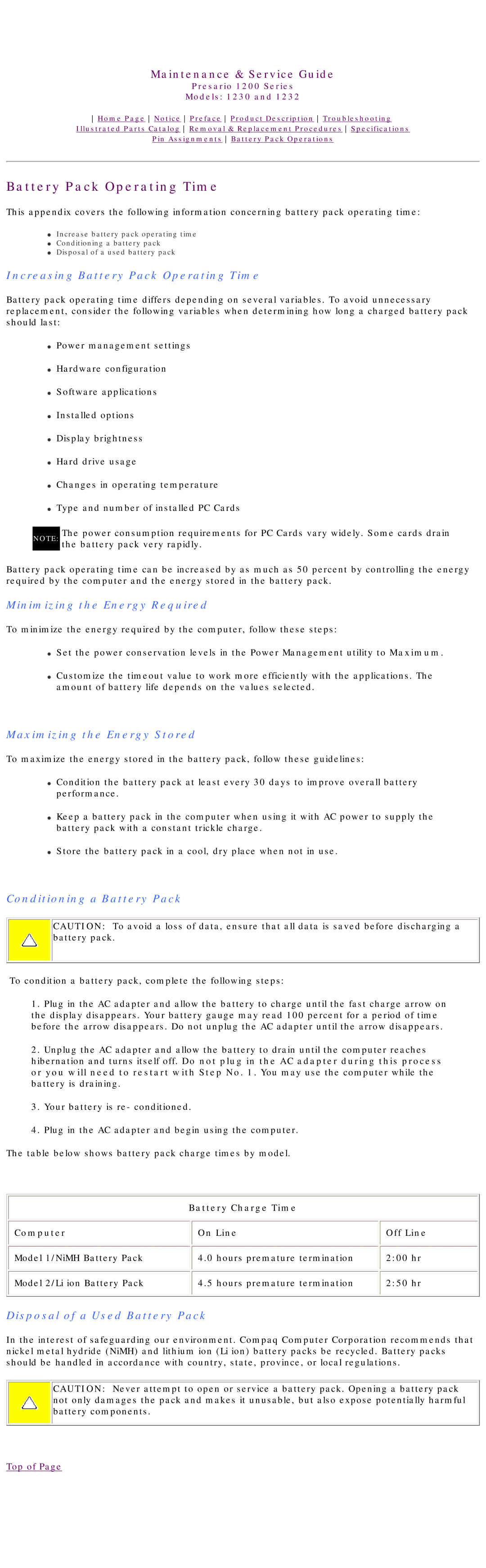 HP 1230 manual Battery Pack Operating Time 