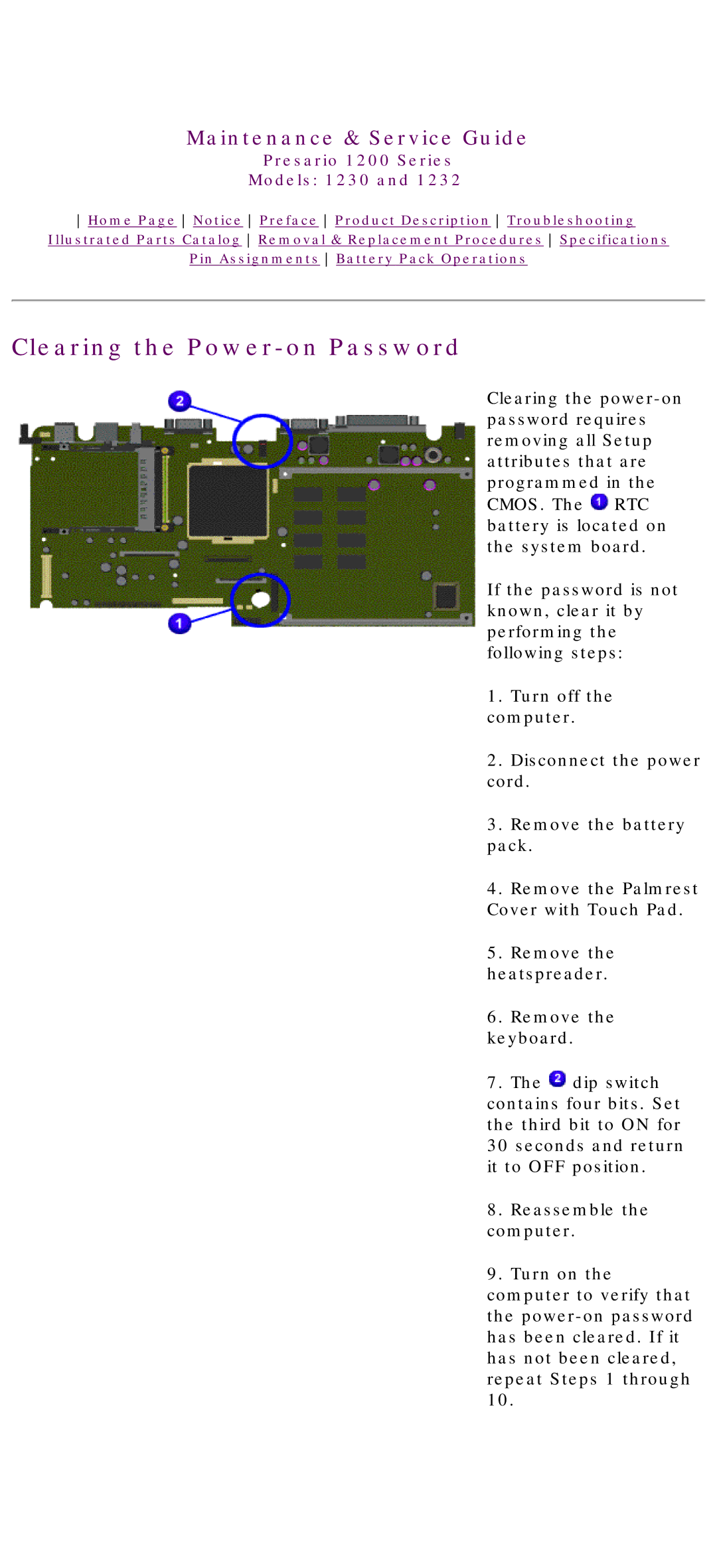 HP 1230 manual Clearing the Power-on Password 