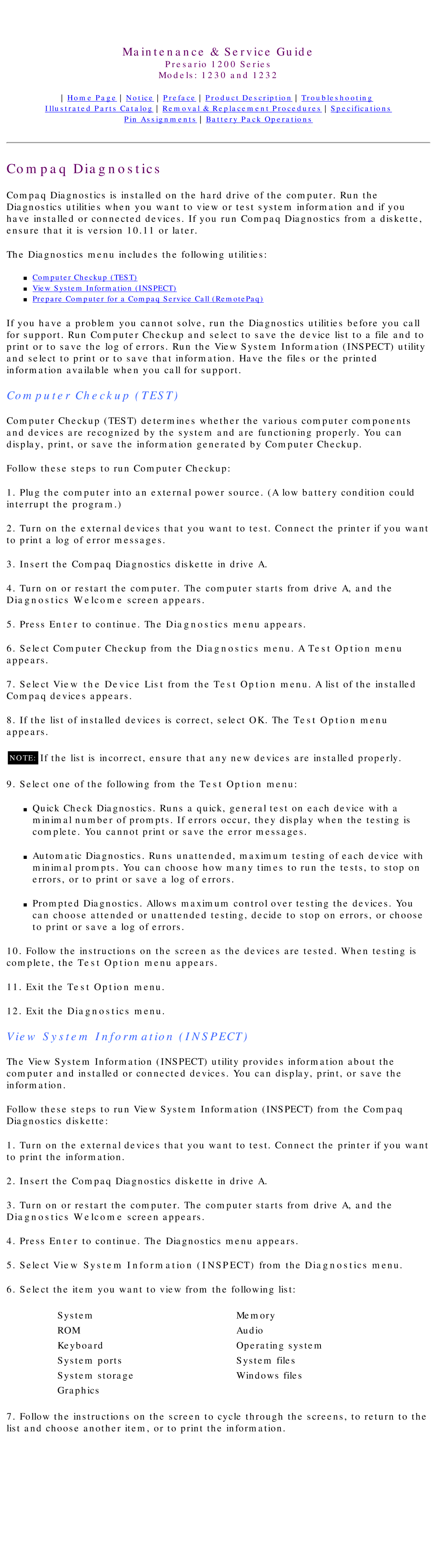 HP 1230 manual Compaq Diagnostics, Computer Checkup Test, View System Information Inspect 