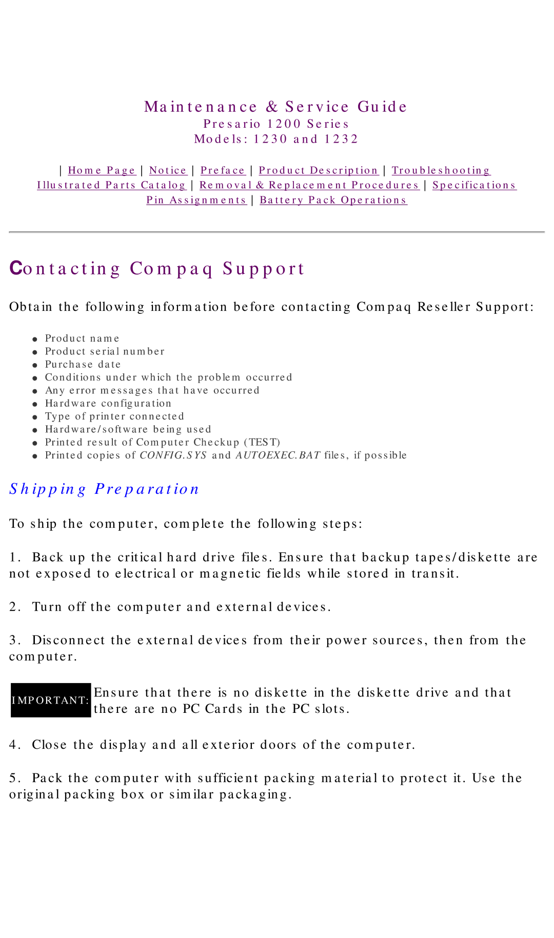 HP 1230 manual Contacting Compaq Support, Shipping Preparation 