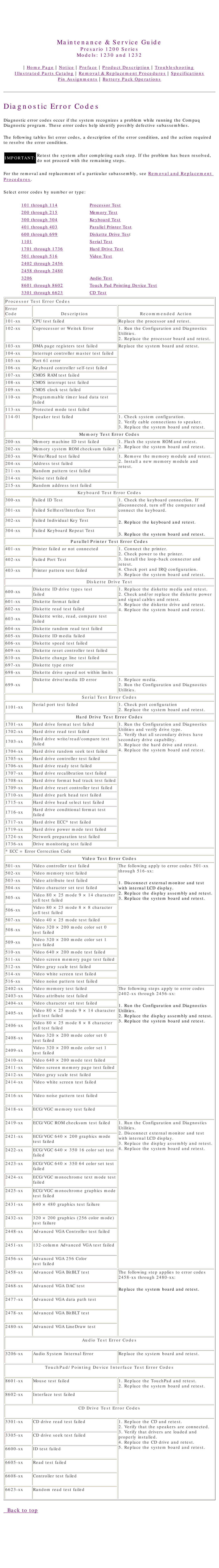 HP 1230 manual Diagnostic Error Codes, Procedures 