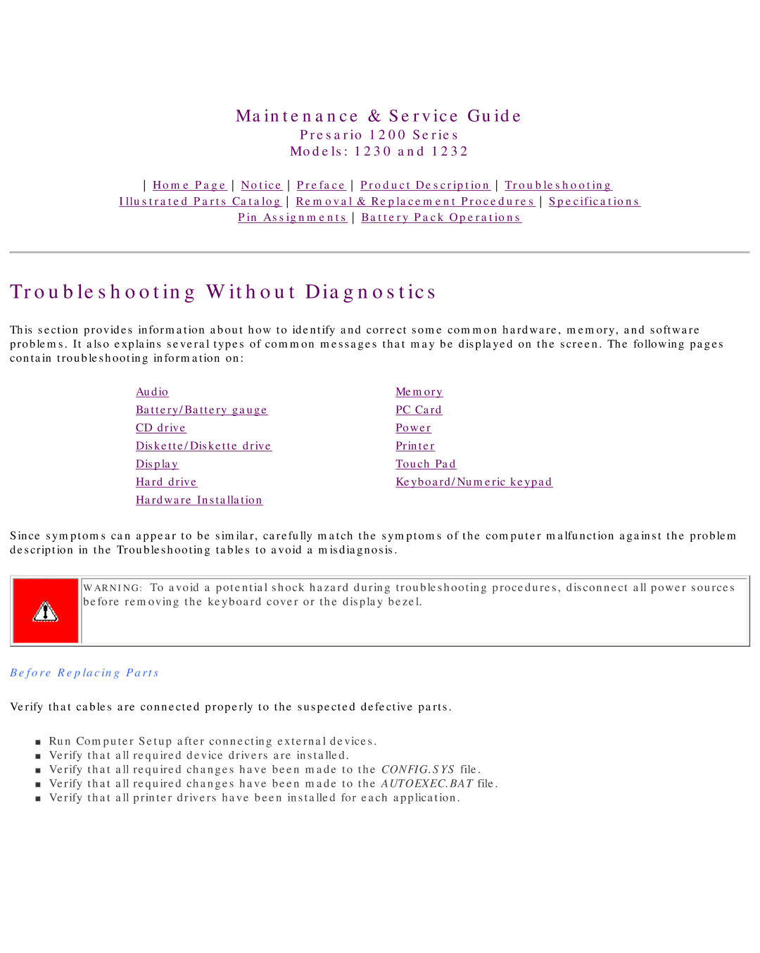 HP 1230 manual Troubleshooting Without Diagnostics, Before Replacing Parts 