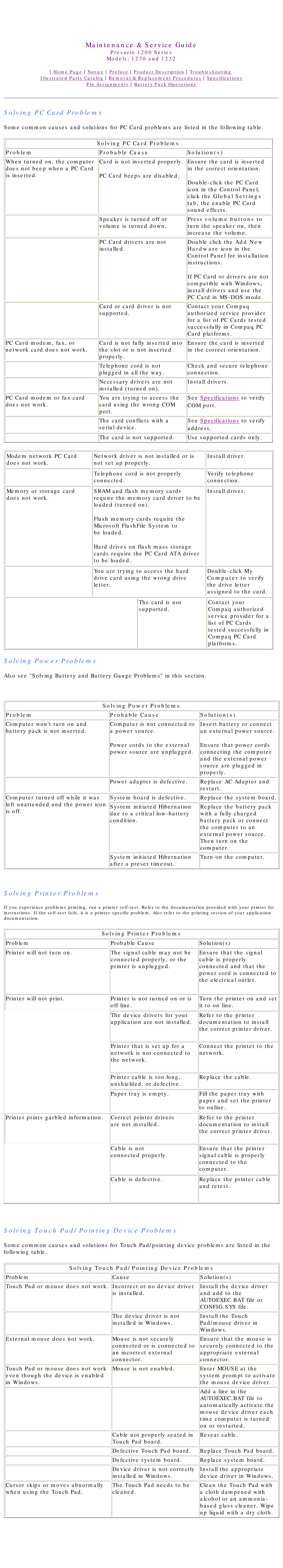 HP 1230 manual Solving PC Card Problems, Solving Power Problems, Solving Printer Problems 