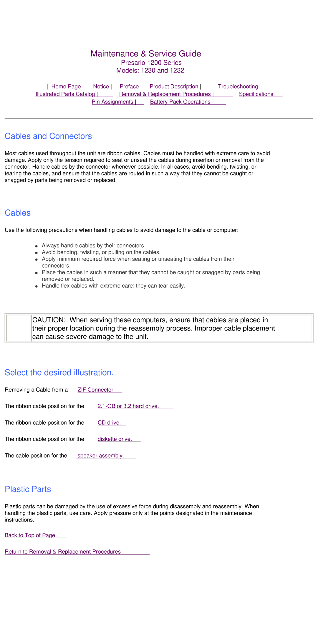 HP 1230 manual Cables and Connectors, Select the desired illustration, Plastic Parts 