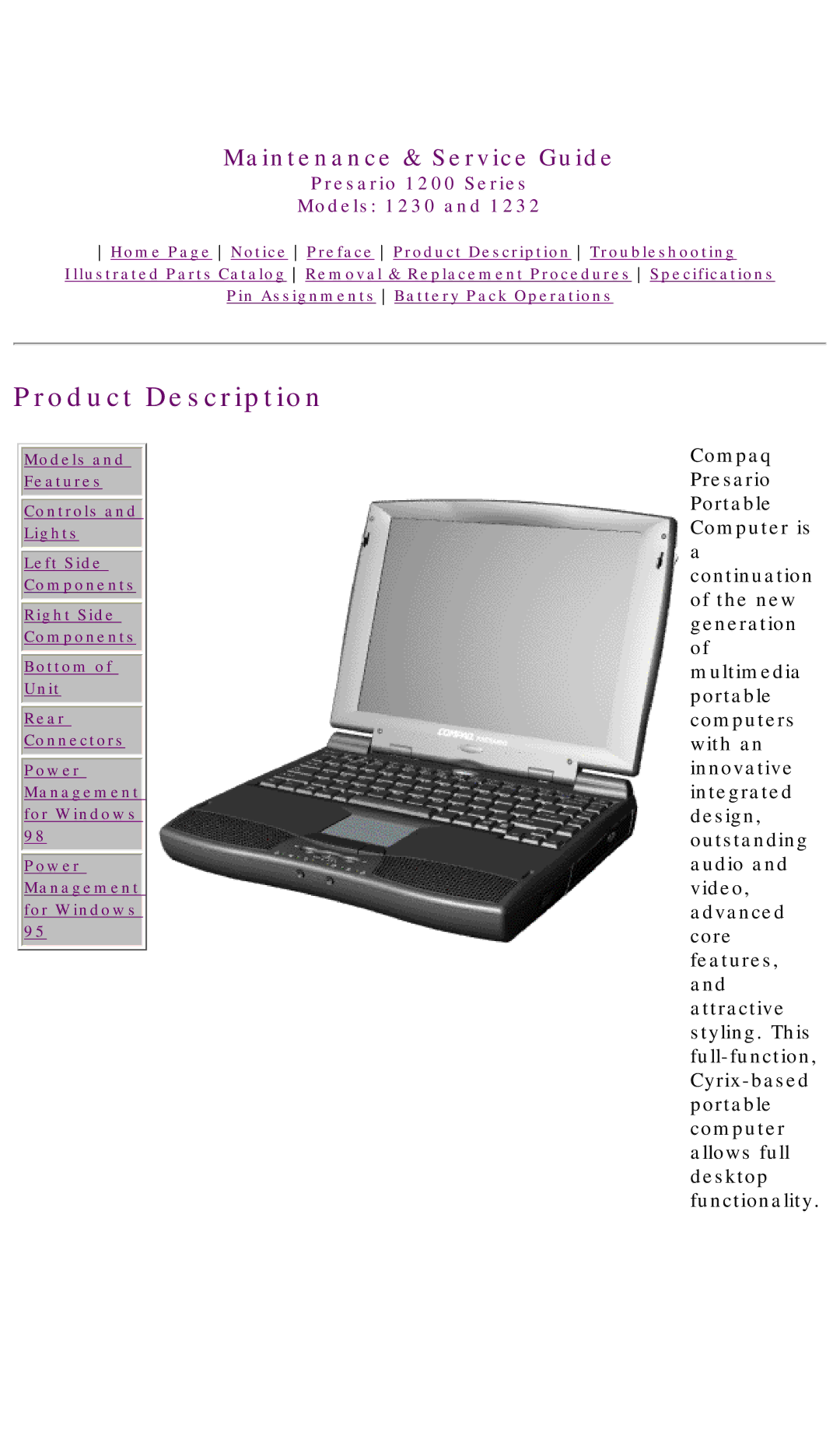 HP 1230 manual Product Description, Compaq Presario 