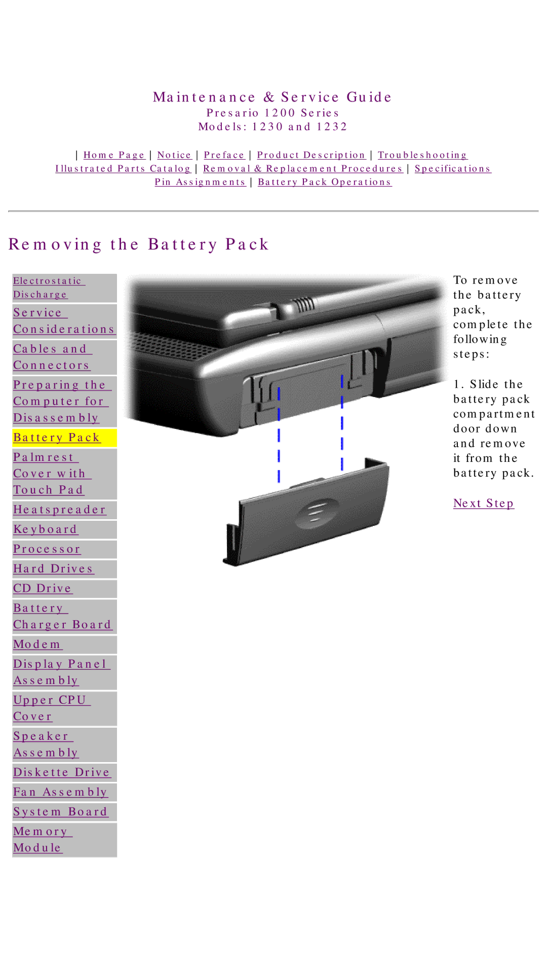 HP 1230 manual Removing the Battery Pack 