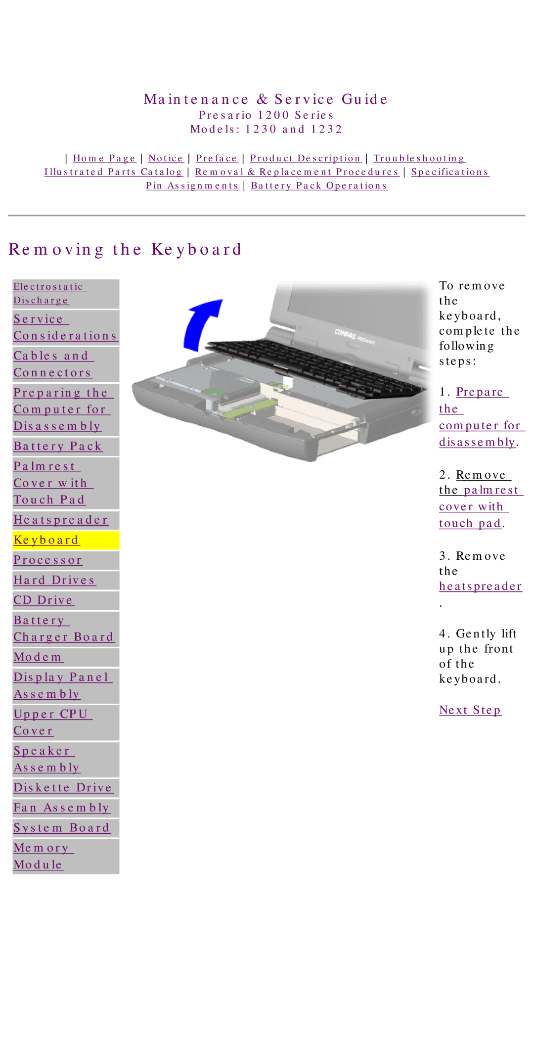 HP 1230 manual Removing the Keyboard 