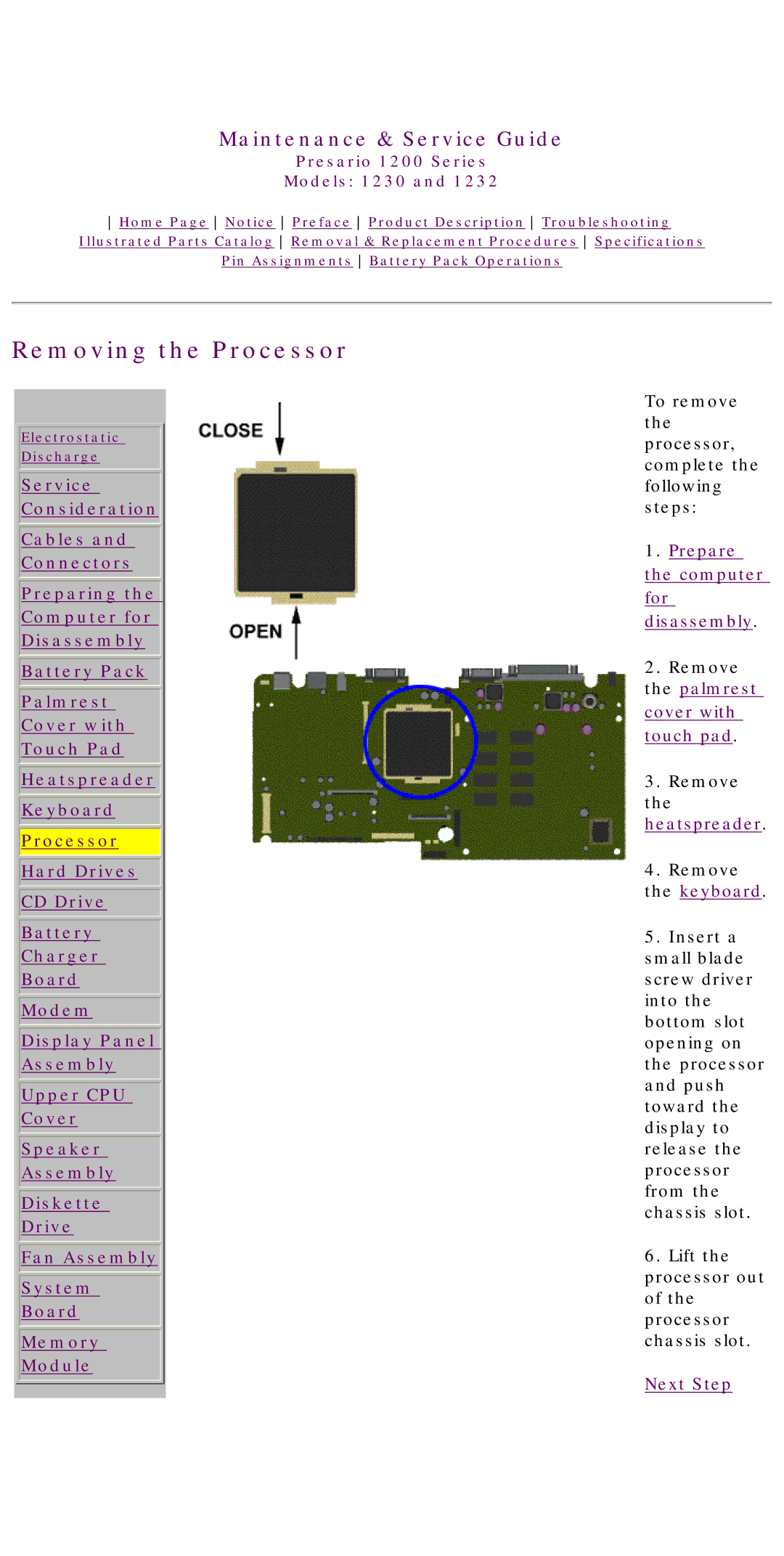 HP 1230 manual Removing the Processor 