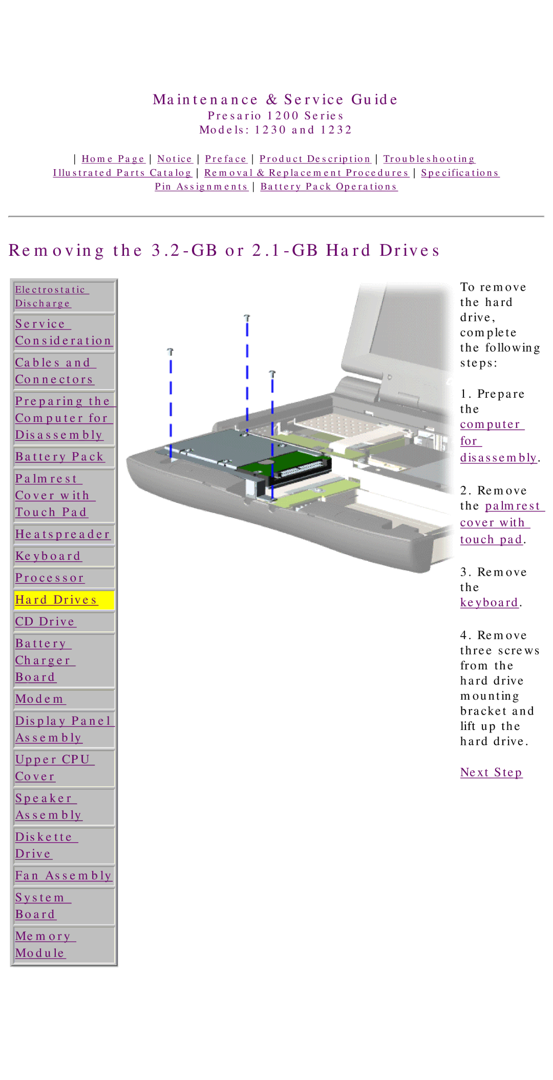 HP 1230 manual Removing the 3.2-GB or 2.1-GB Hard Drives 