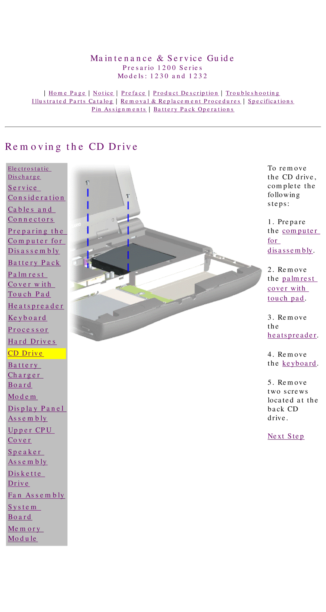 HP 1230 manual Removing the CD Drive 