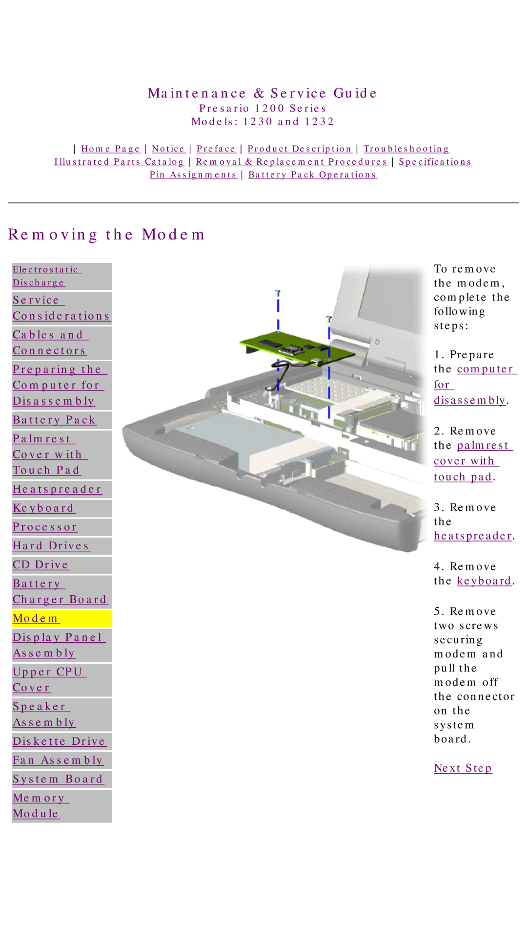 HP 1230 manual Removing the Modem 