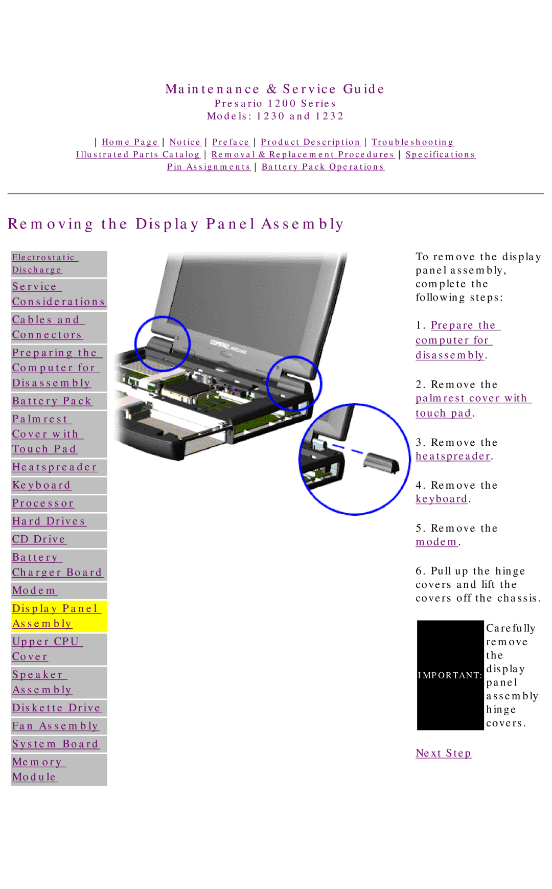 HP 1230 manual Removing the Display Panel Assembly 