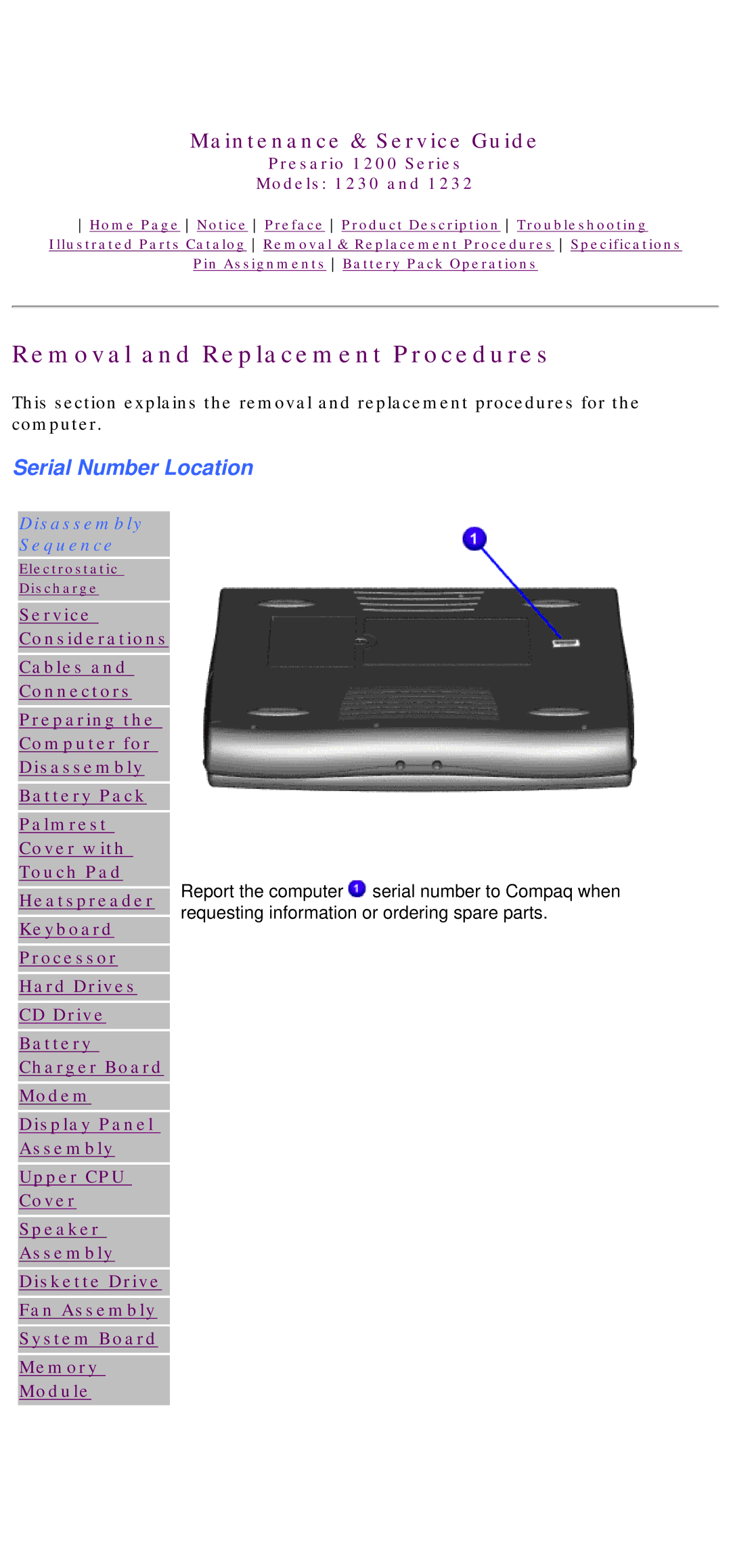 HP 1230 manual Removal and Replacement Procedures, Serial Number Location 