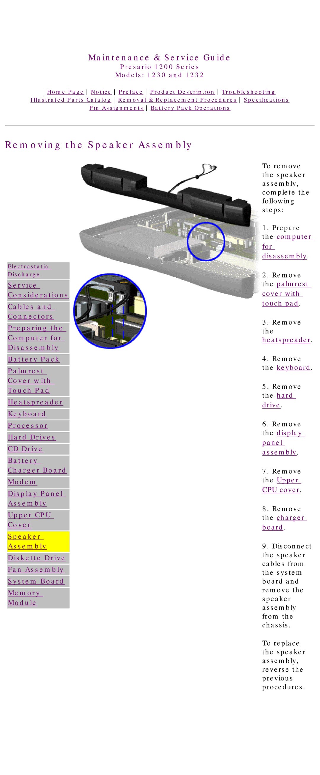 HP 1230 manual Removing the Speaker Assembly 