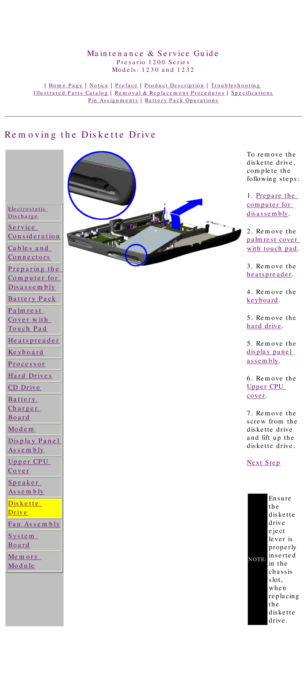 HP 1230 manual Removing the Diskette Drive 