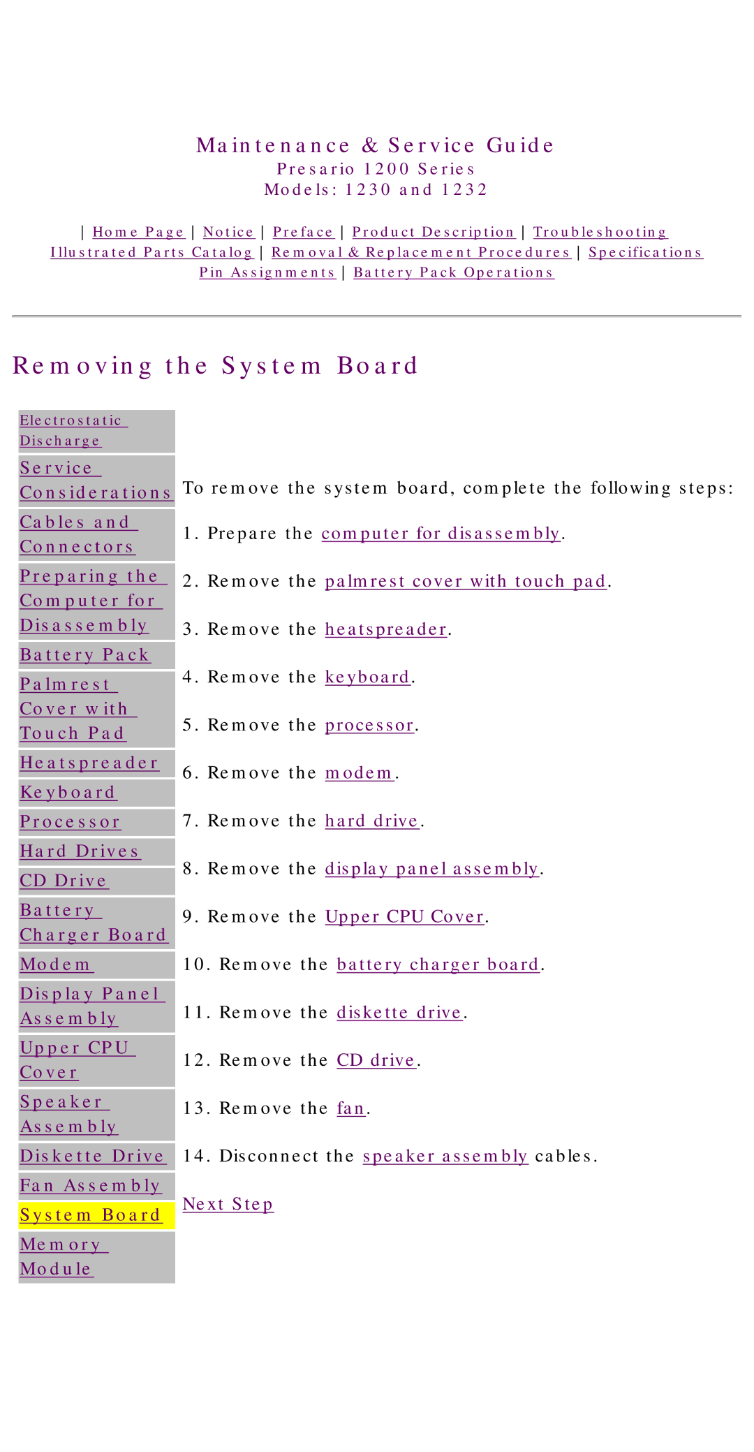 HP 1230 manual Removing the System Board 