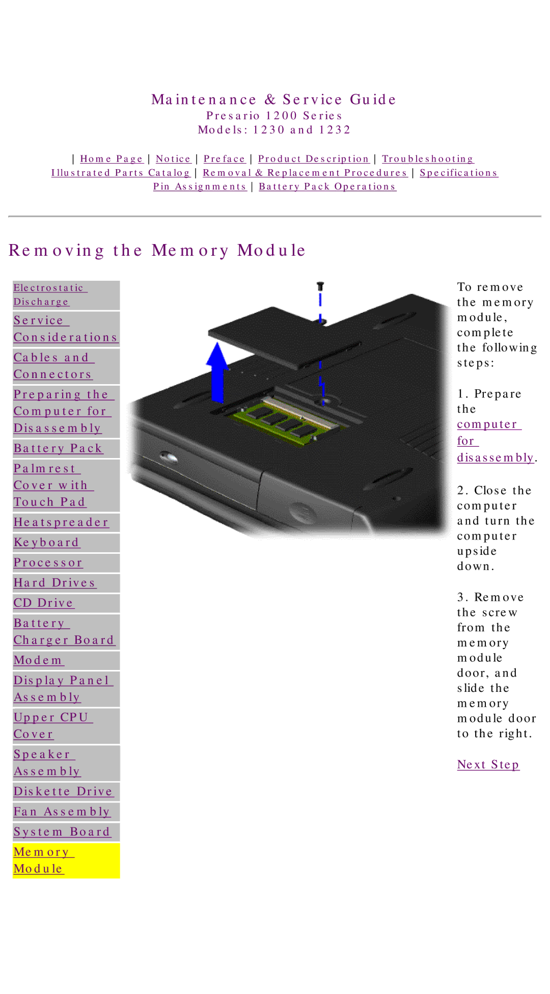 HP 1230 manual Removing the Memory Module 