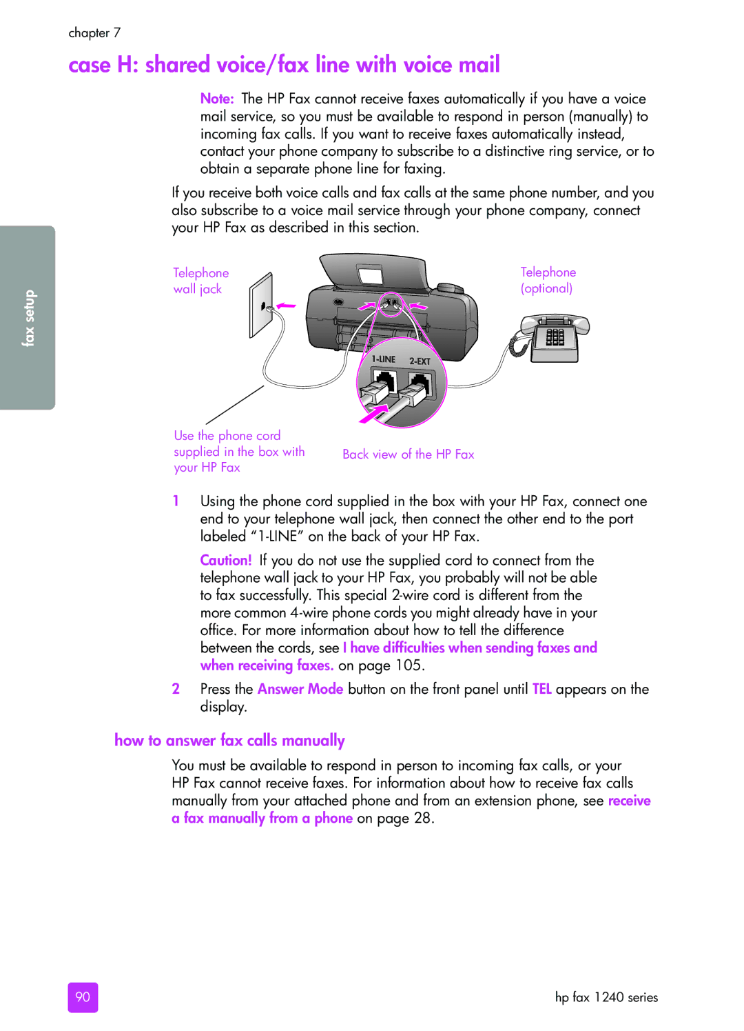 HP 1240 Case H shared voice/fax line with voice mail, How to answer fax calls manually 