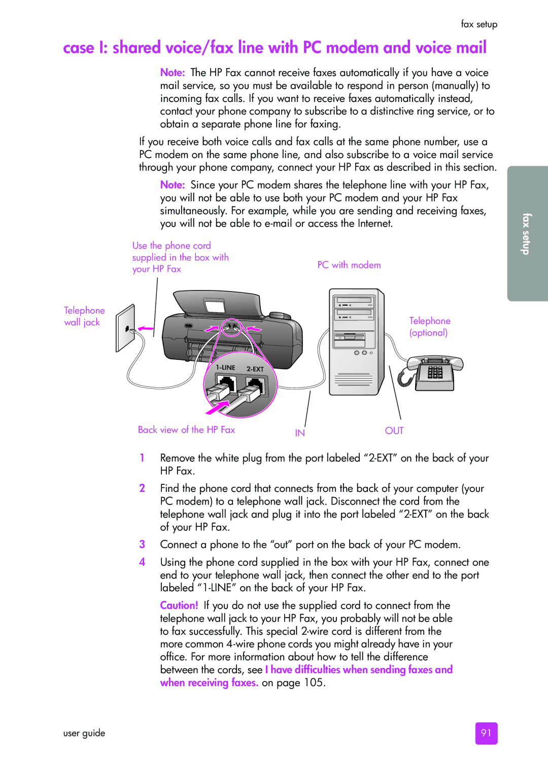 HP 1240 manual Case I shared voice/fax line with PC modem and voice mail 