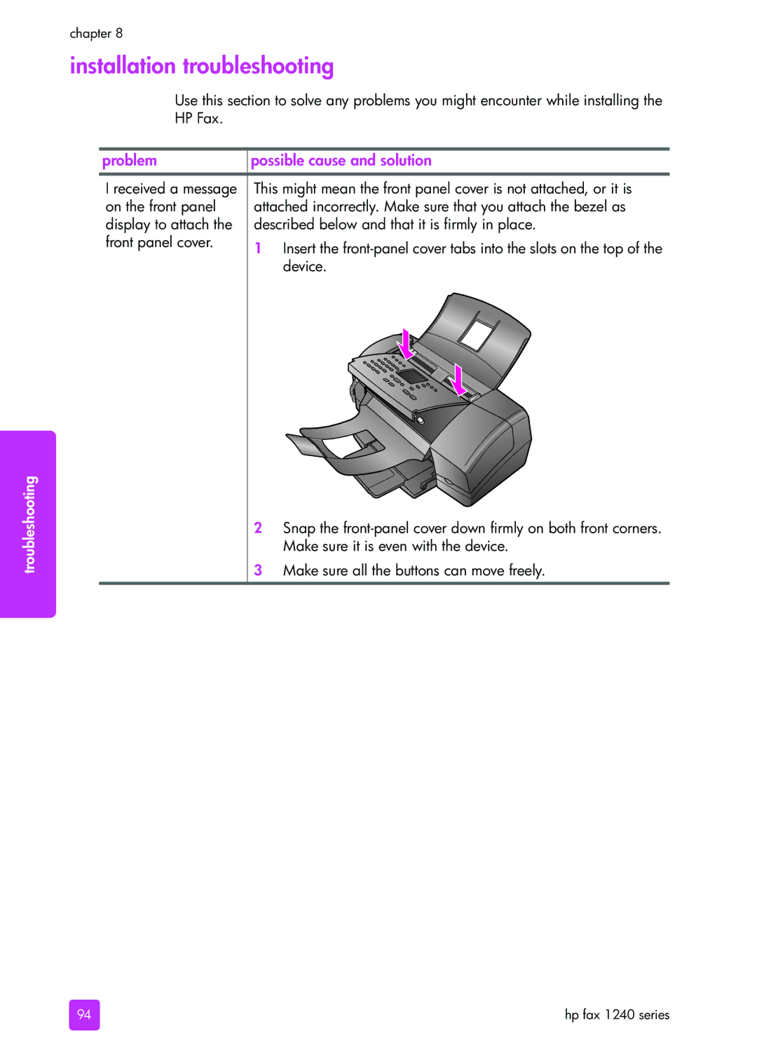 HP 1240 manual Installation troubleshooting, Problem Possible cause and solution 