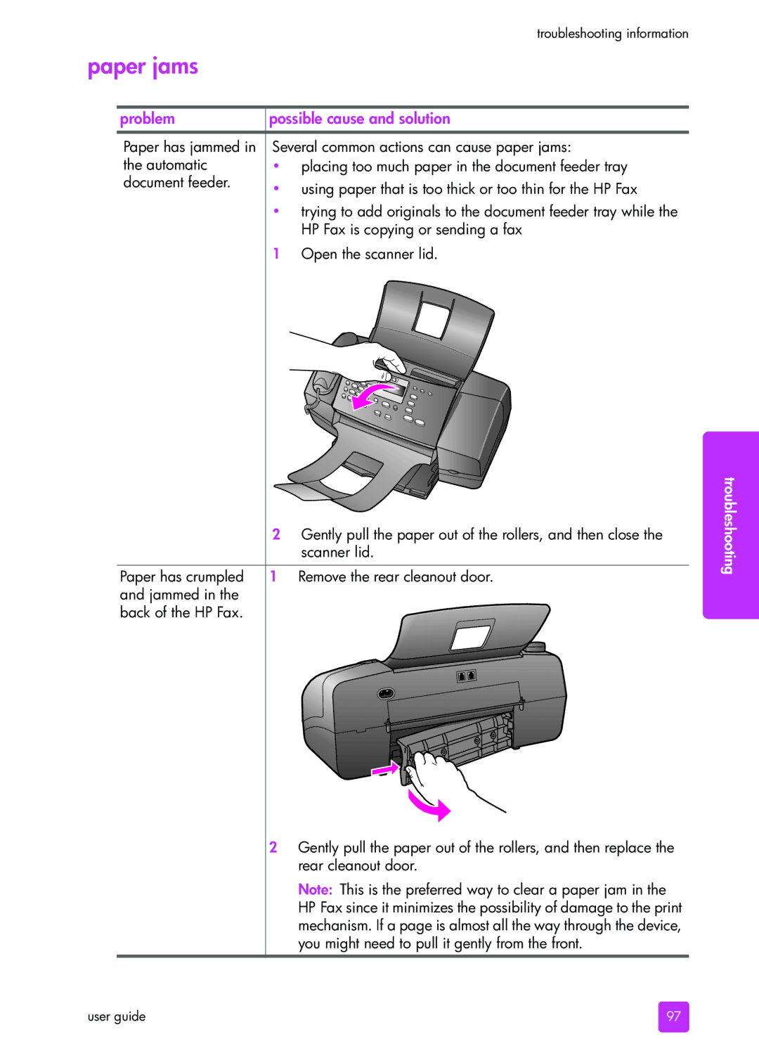 HP 1240 manual Paper jams 