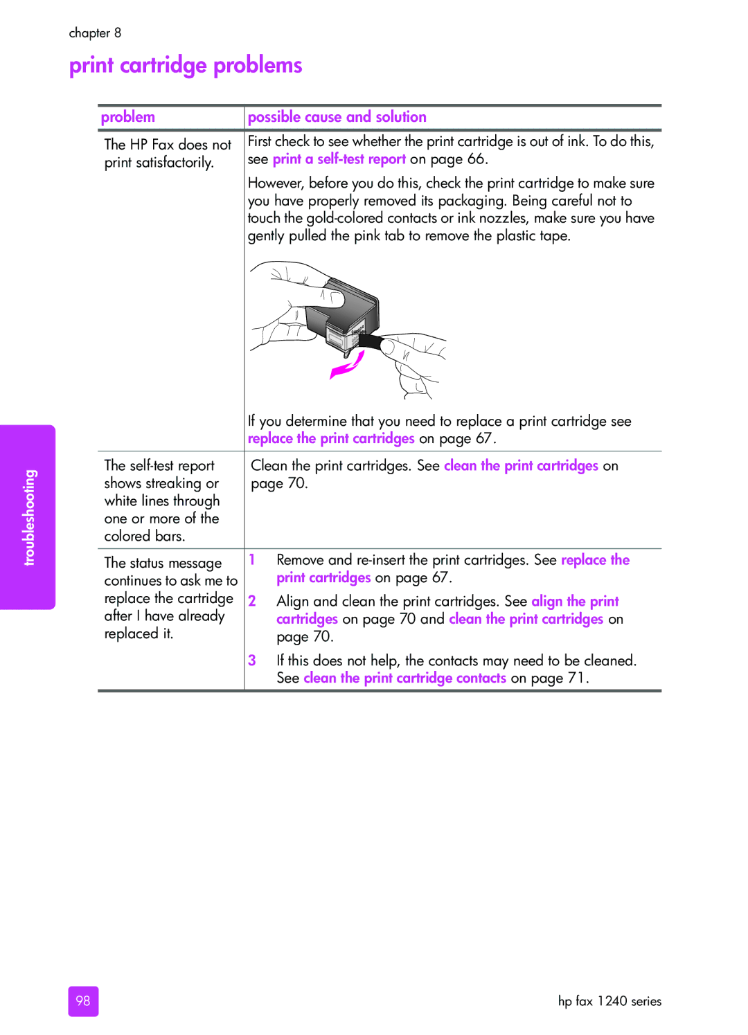 HP 1240 manual Print cartridge problems, See print a self-test report on, Print cartridges on 