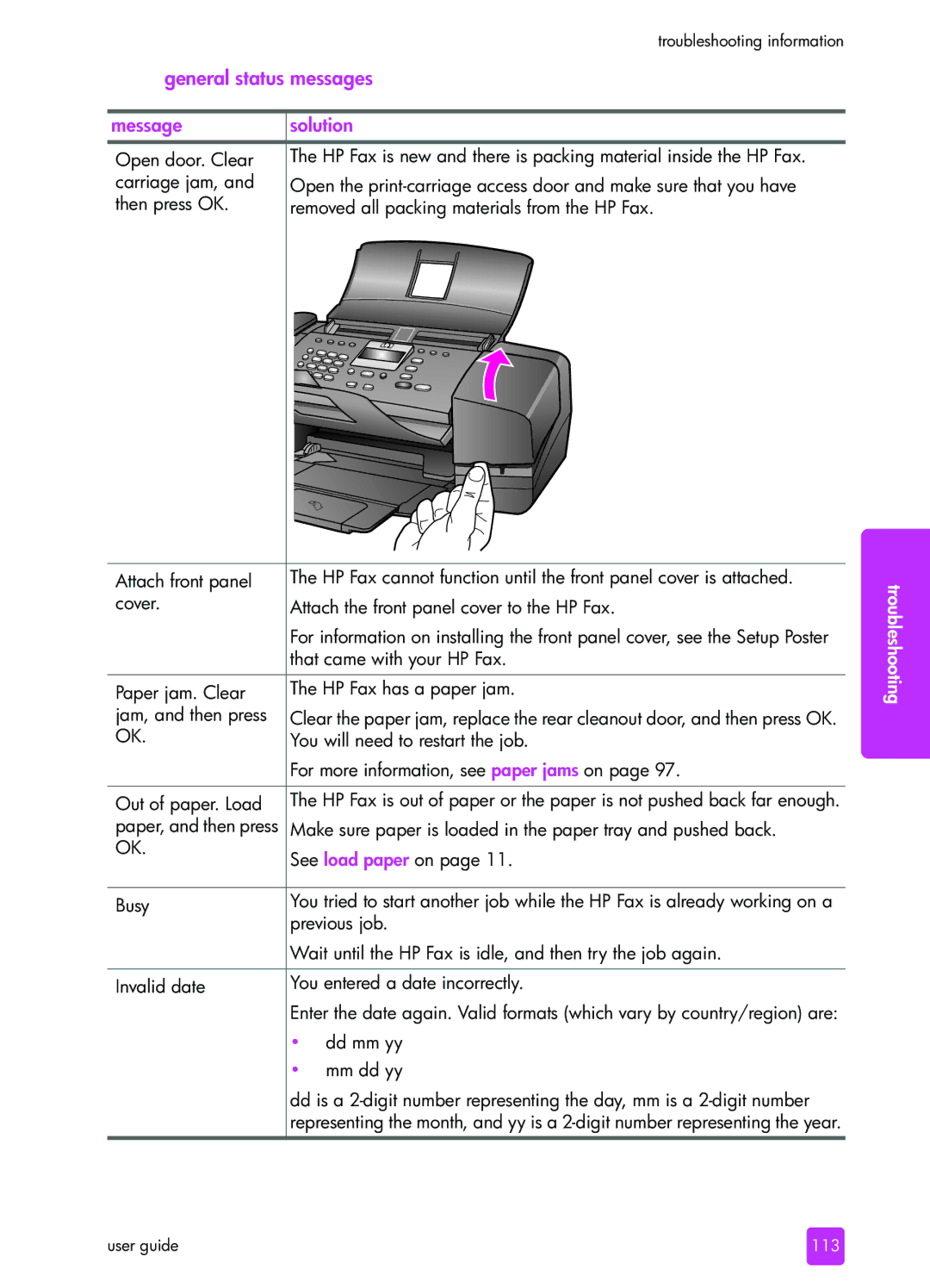 HP 1240 manual General status messages 