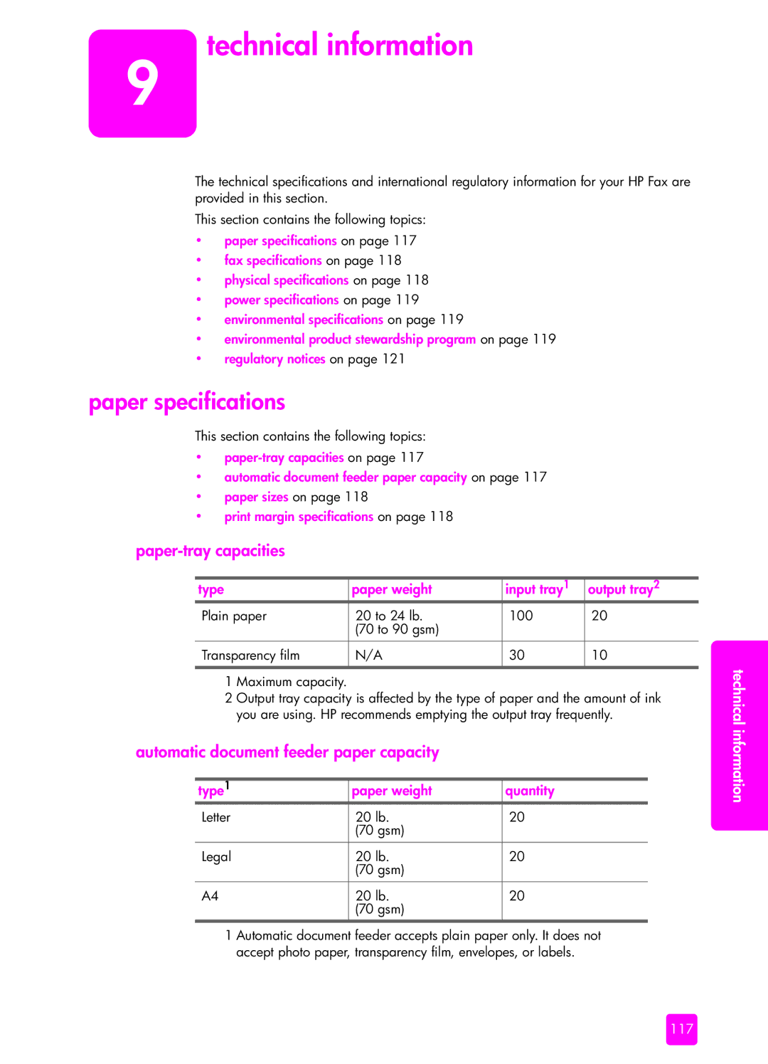 HP 1240 manual Technical information, Paper specifications, Paper-tray capacities, Automatic document feeder paper capacity 