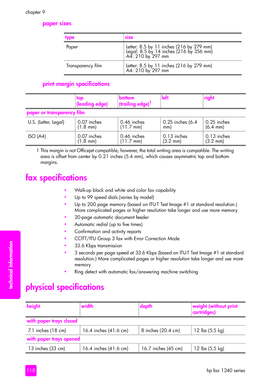 HP 1240 manual Fax specifications, Physical specifications, Paper sizes, Print margin specifications 