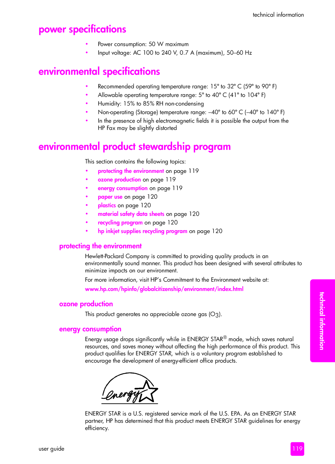 HP 1240 manual Power specifications, Environmental specifications, Environmental product stewardship program 