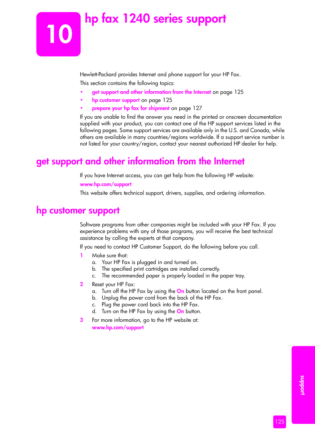 HP manual Hp fax 1240 series support, Get support and other information from the Internet, Hp customer support 