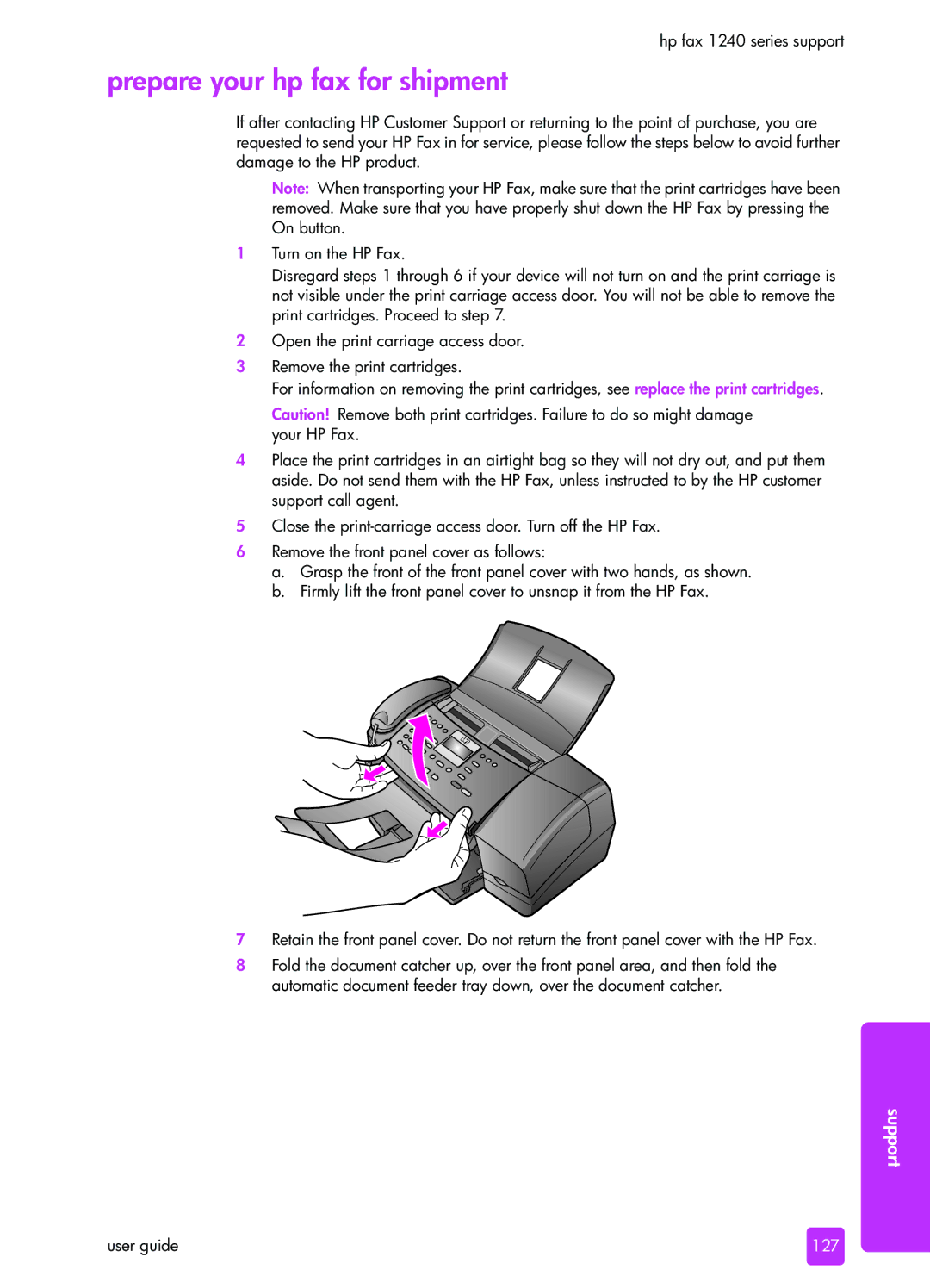 HP 1240 manual Prepare your hp fax for shipment 