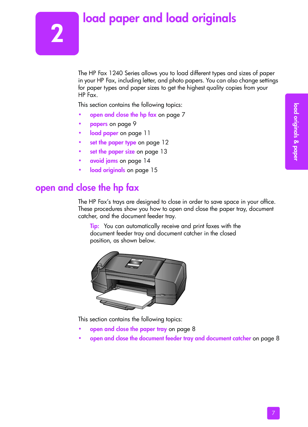 HP 1240 manual Load paper and load originals, Open and close the hp fax on 