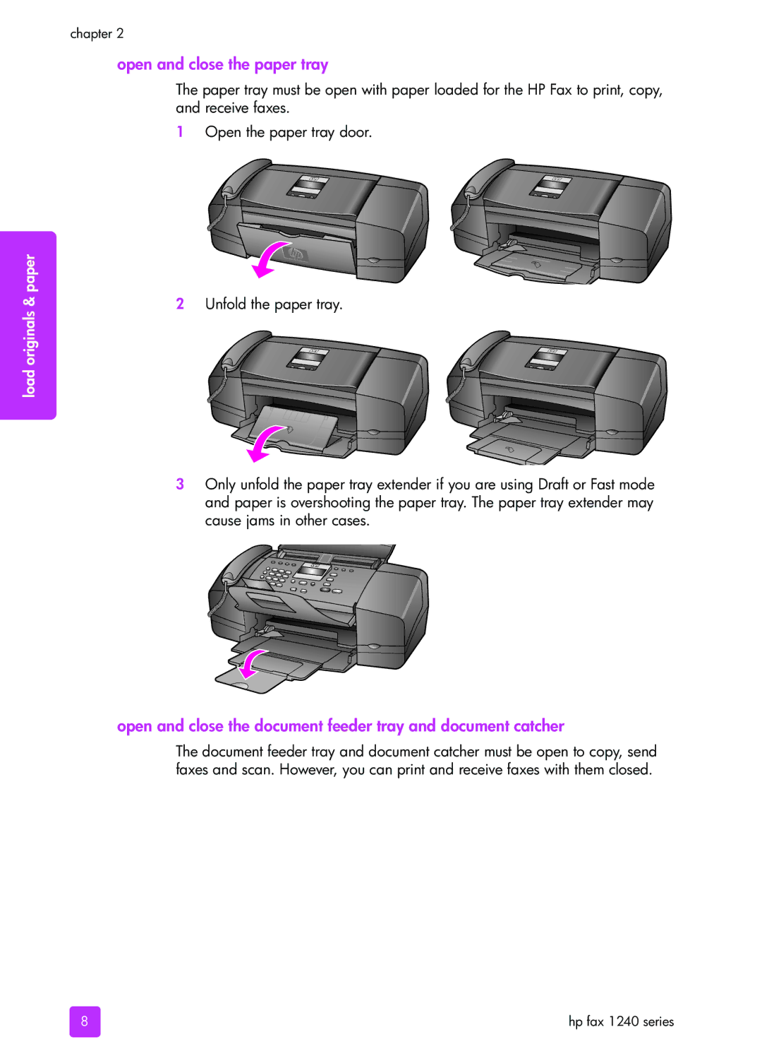 HP 1240 manual Open and close the paper tray, Open and close the document feeder tray and document catcher 