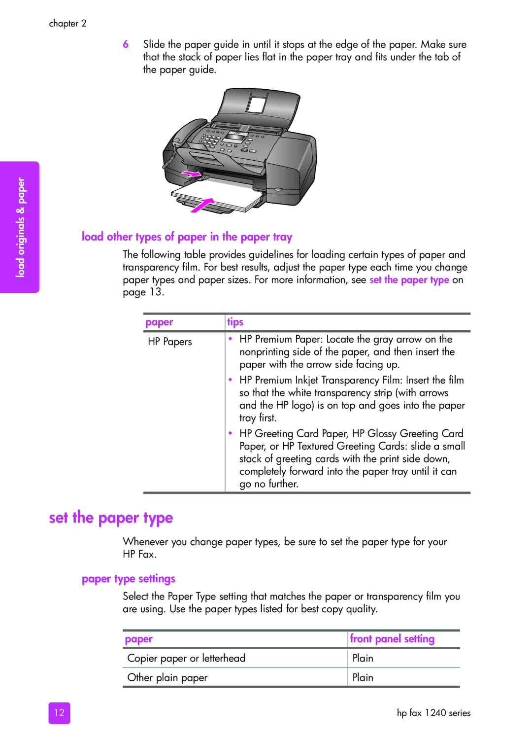 HP 1240 manual Set the paper type, Load other types of paper in the paper tray, Paper Tips, Paper type settings 