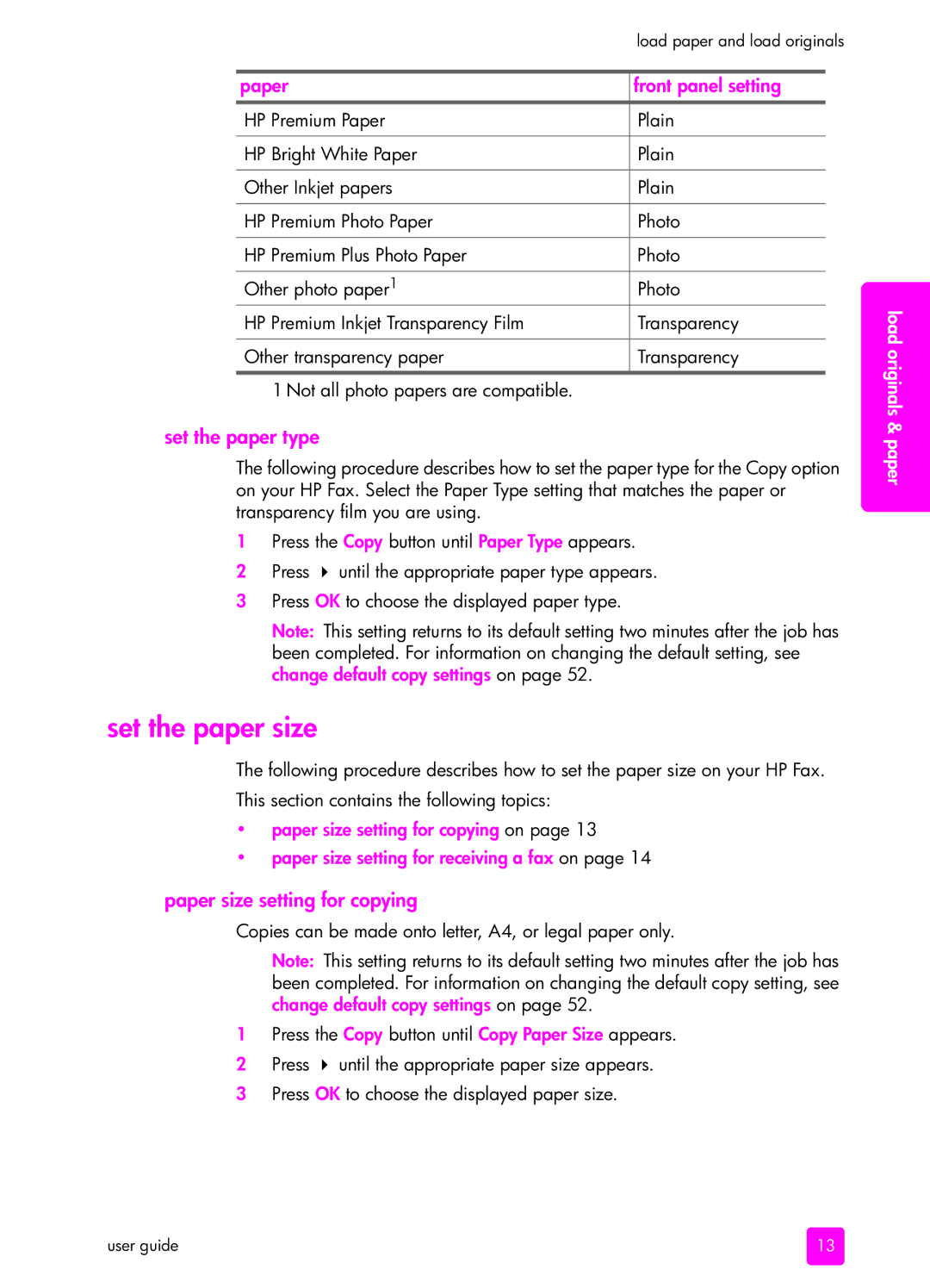 HP 1240 manual Set the paper size, Set the paper type, Paper size setting for copying 