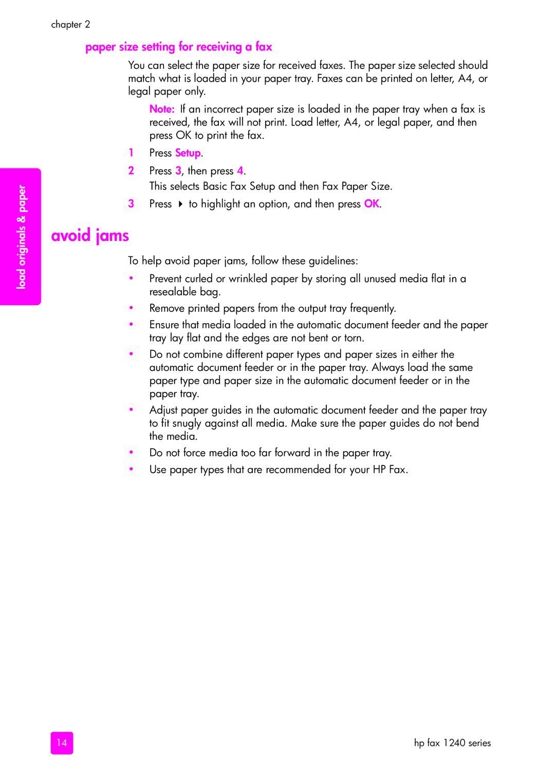 HP 1240 manual Avoid jams, Paper size setting for receiving a fax 