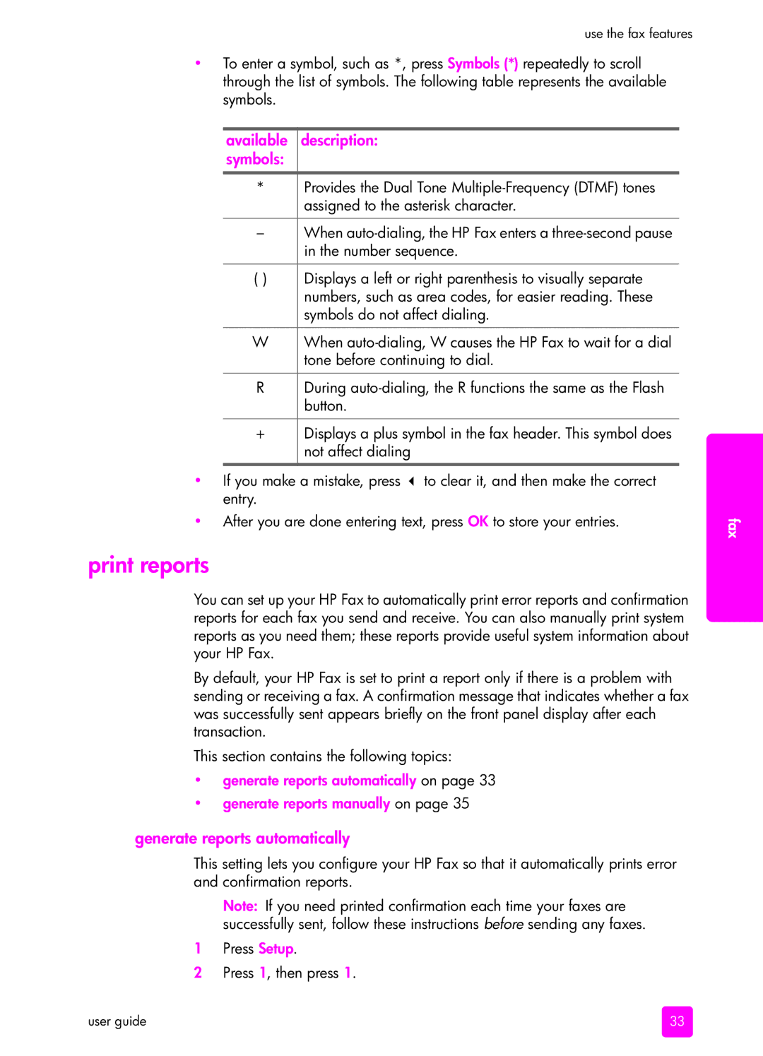 HP 1240 manual Print reports, Available description symbols, Generate reports automatically 